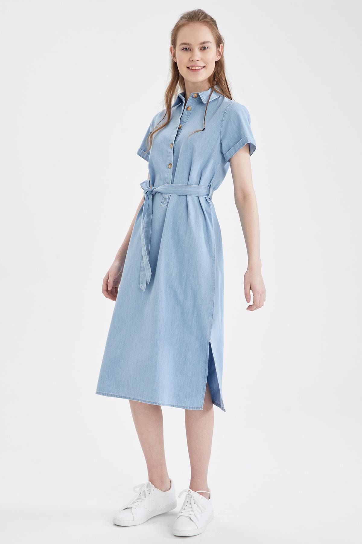 Defacto Kadın Mavi Kemer Detaylı Slim Fit Yazlık Midi Jean Elbise U0673AZ21SM