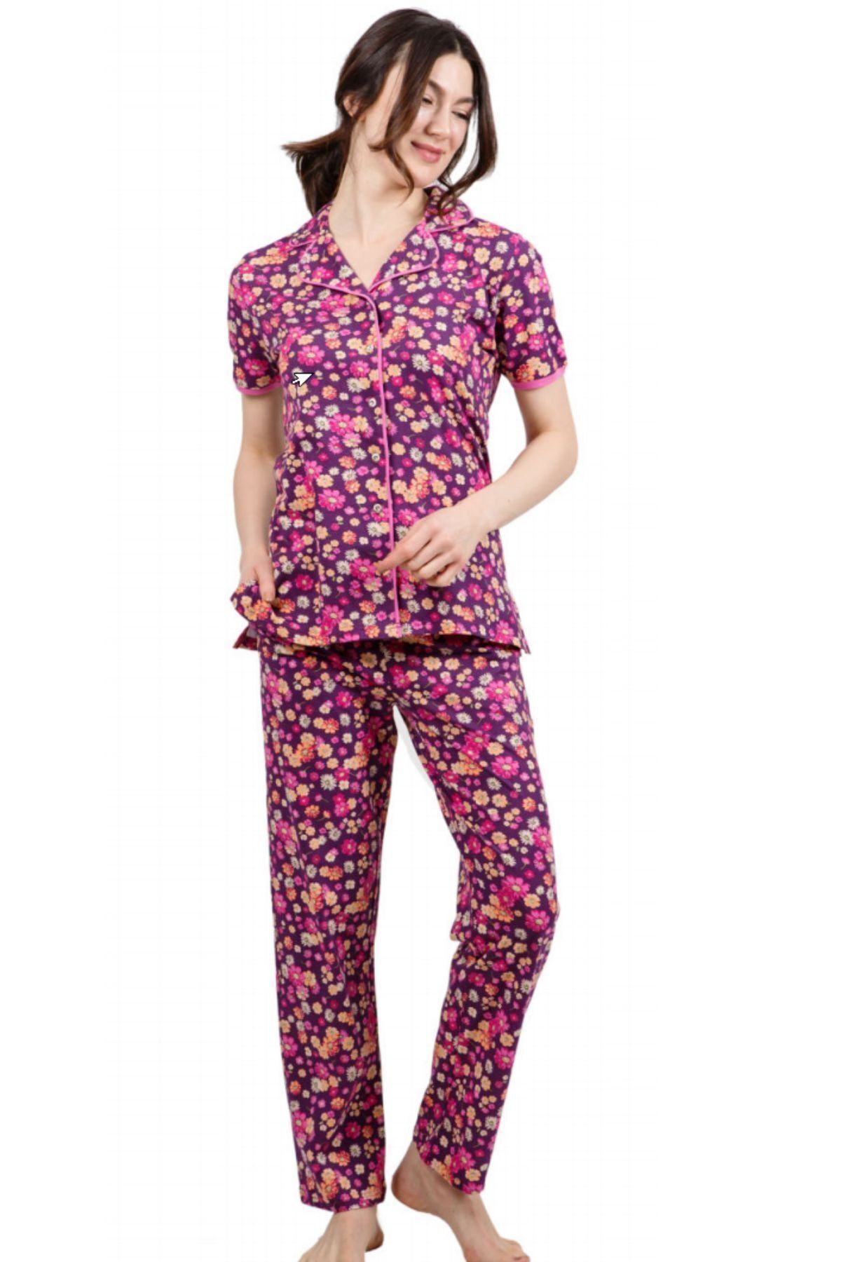 Çift Kaplan Kısa Kol Gömlek Yaka Pijama Takımı