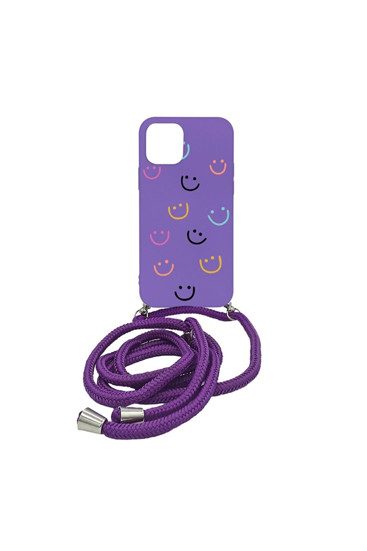 Merwish Apple Iphone 12 ( 6.1 Inç ) Happy Smile Içi Kadife Boyun Askılı Kılıf Mor