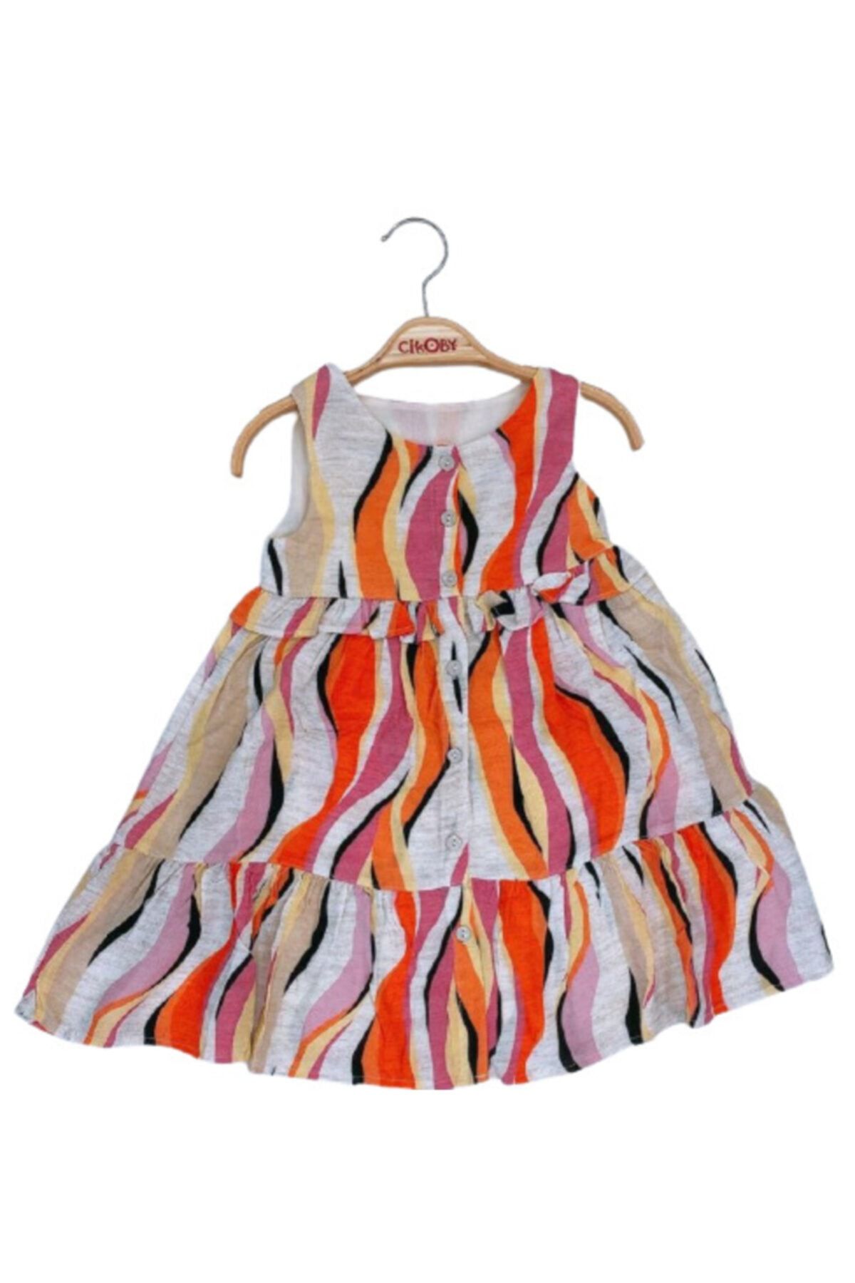 çikoby Kız Çocuk Desenli Düğmeli Fırfırlı Renkli Elbise