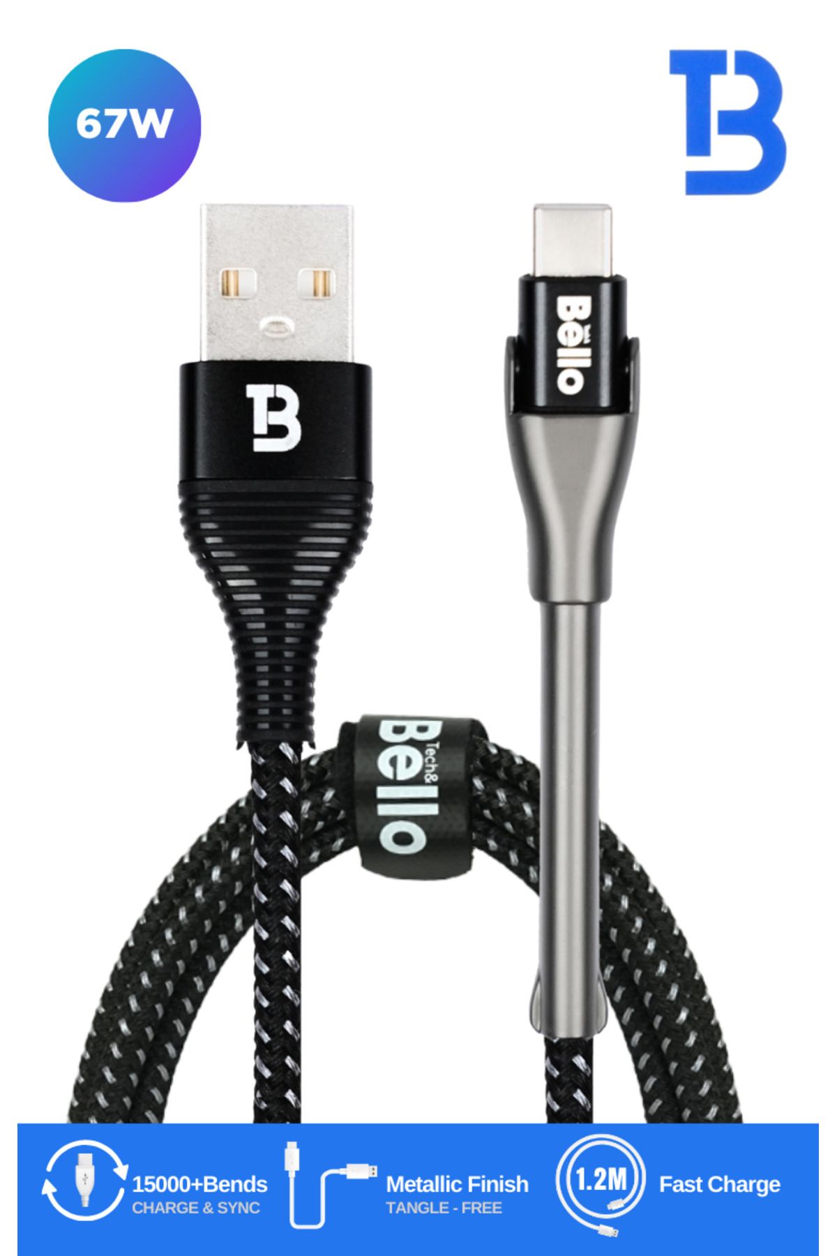 Tech&bello accessories Usb A To Type-c 5a Hızlı Şarj Data 1.2m Örgülü Ve Alüminyum Standlı Kablo