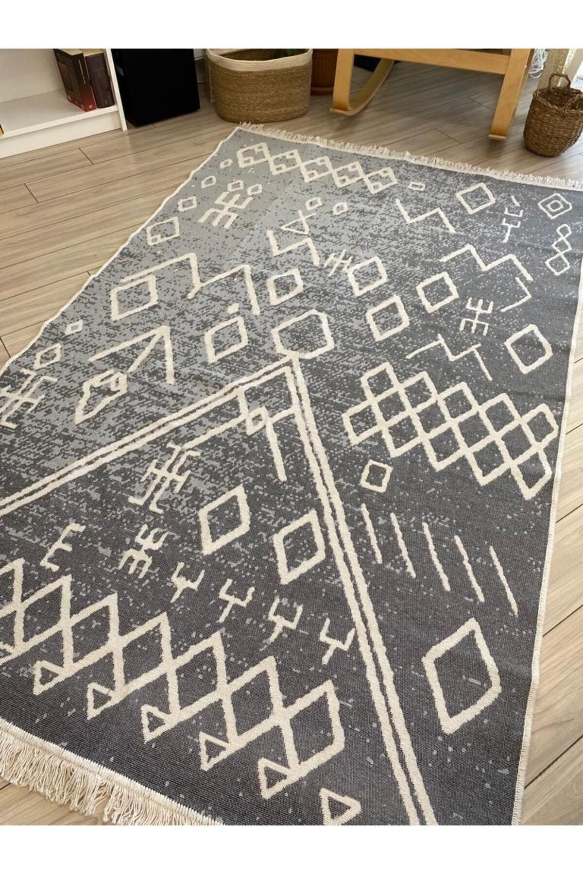 stay with love Çift Taraflı Kilim Pamuklu Dokuma Yıkanabilir Iskandinav Desenli Kilim , Yolluk Gri-beyaz Asl23