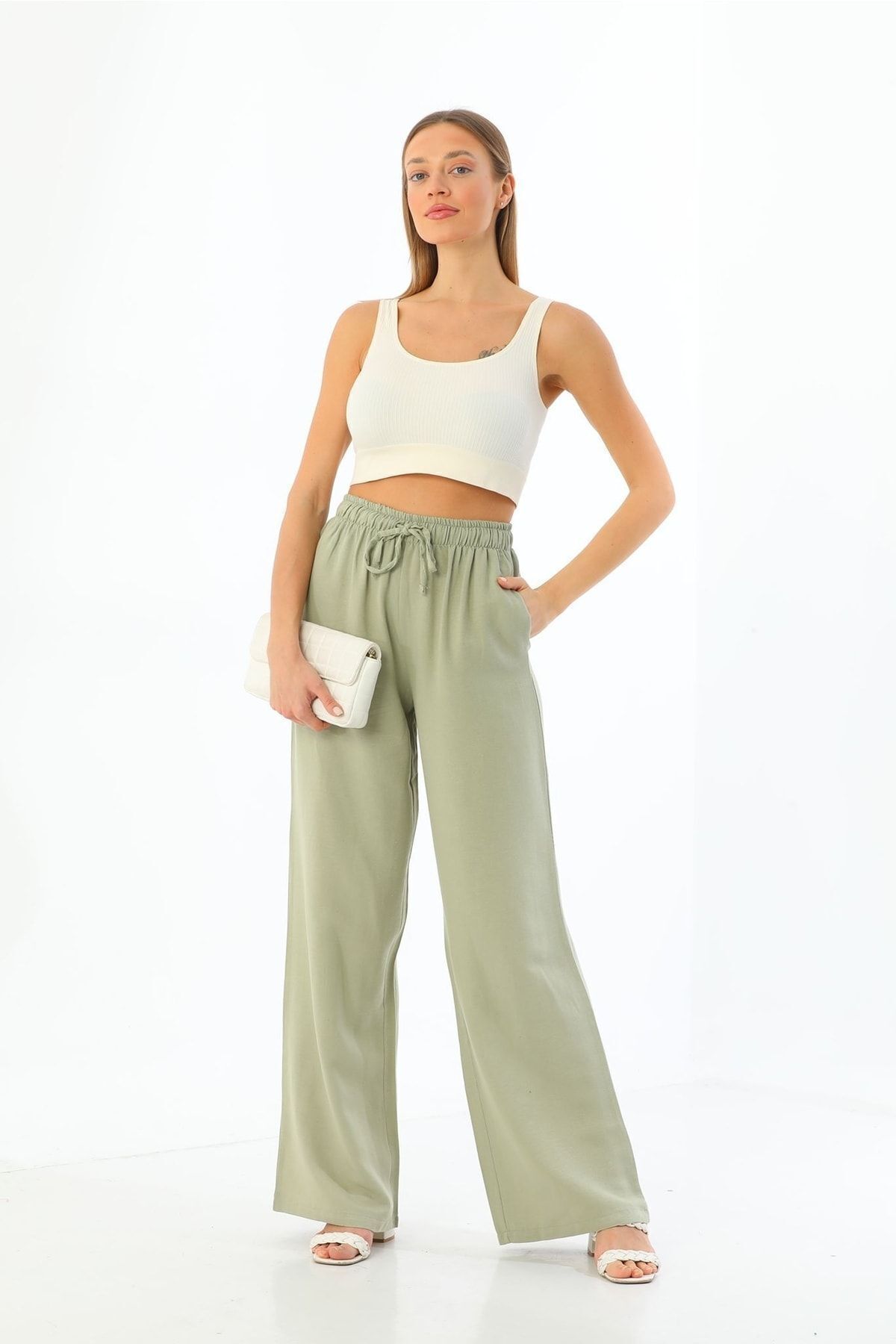 Lin Collection Kadın Haki Keten Pantolon Cepli Rahat Kesim Yazlık Beli Lastikli