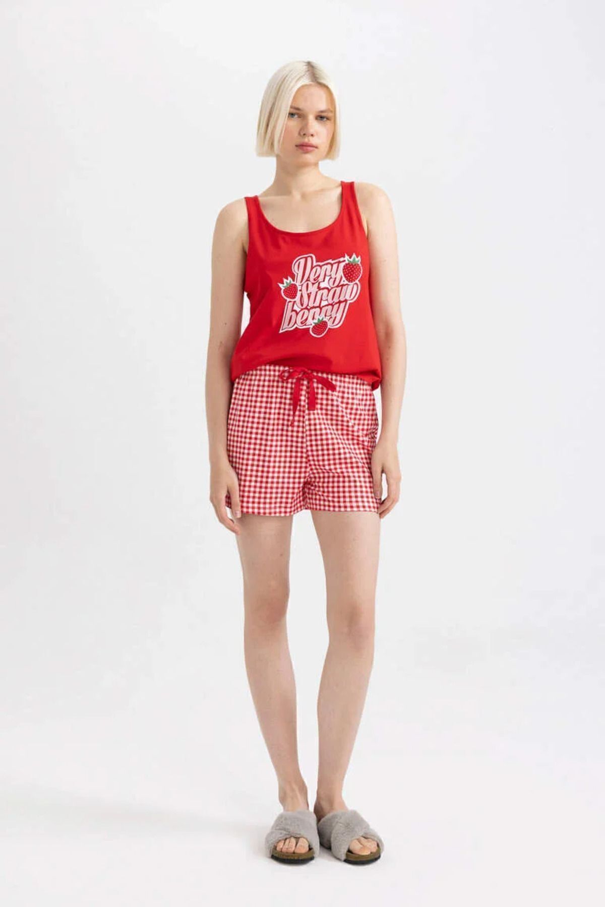 Defacto Fall In Love Pijama Takımı Baskılı Atlet Kareli Beli Bağcıklı Şort C7969ax24hs