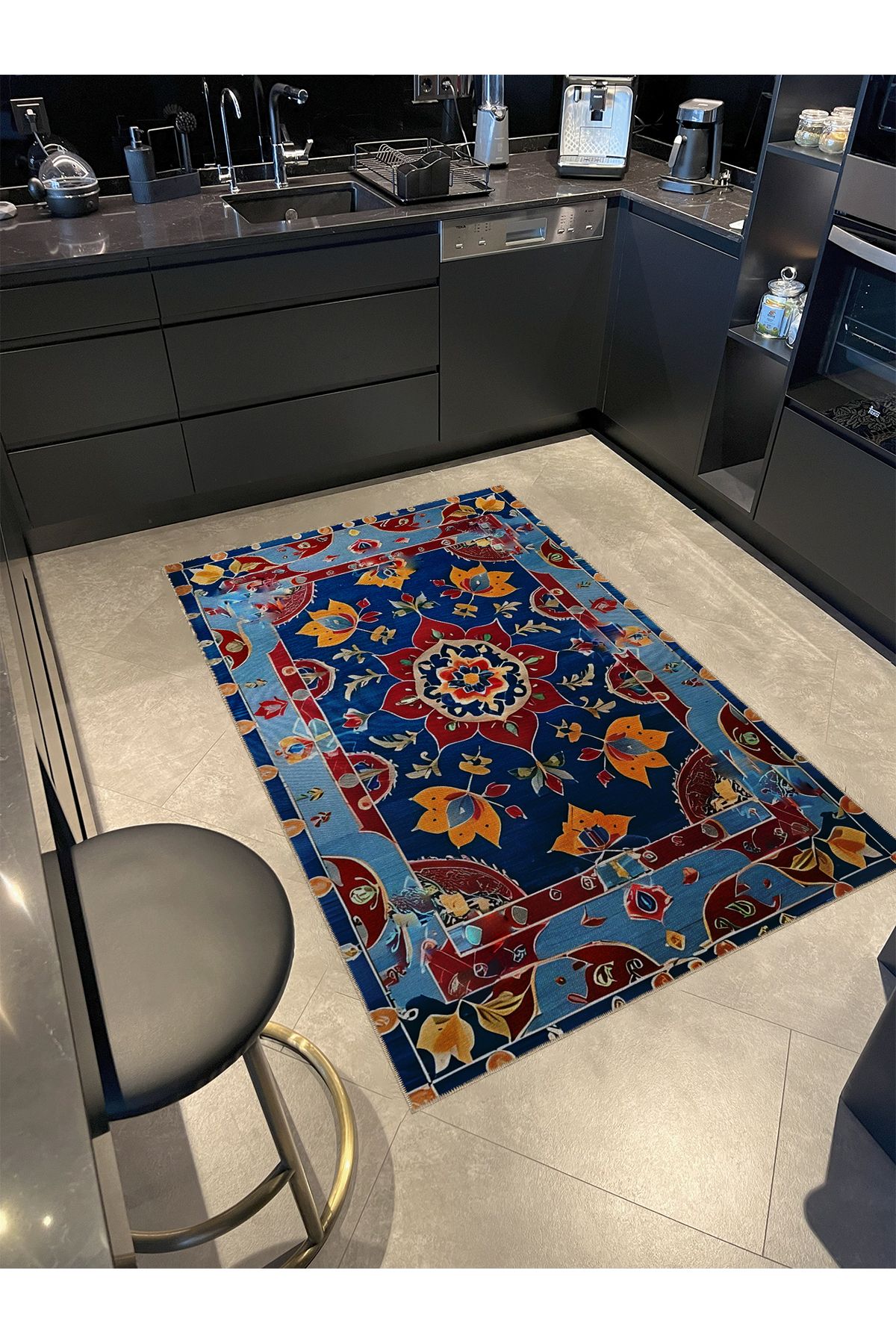 Rugs Modern Halı Mavi Tonlarda Kırmızı Detaylı Turuncu Çiçeler Antik Tasarım Serisi Dekoratif Halı antik76