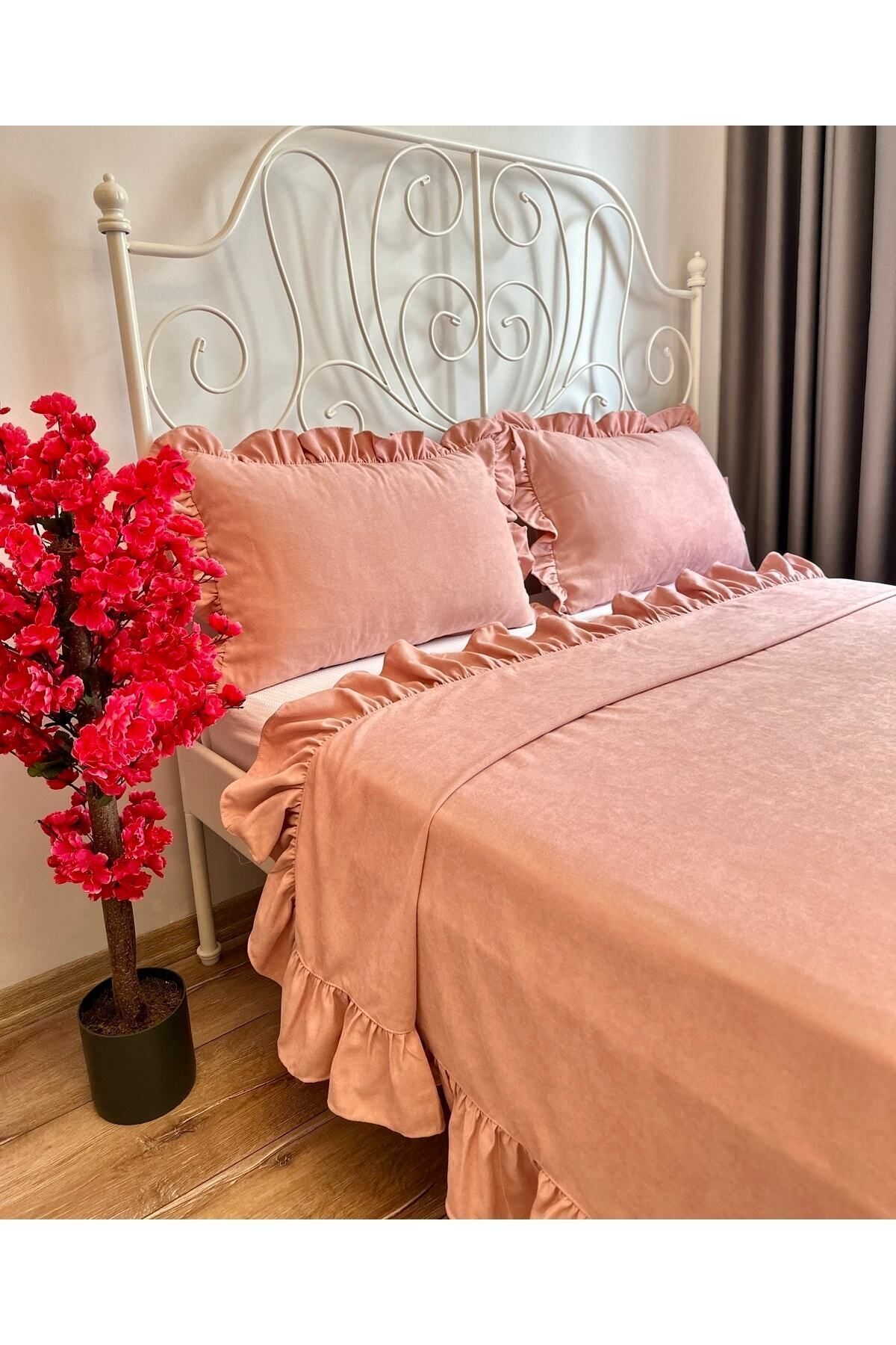 Decamor home Fırfırlı Pudra Pembe Yatak Örtüsü Seti Tek Kişilik