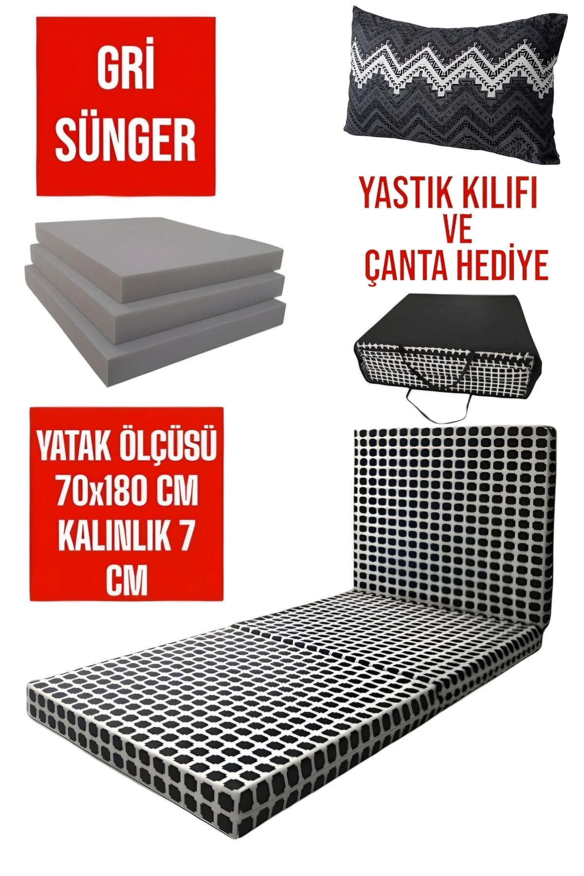 LENSA HOME Katlanır Yer Yatağı-sünger Yatak-minder Yatak-(70X180CM KALINLIK 7CM)-akustik Siyah