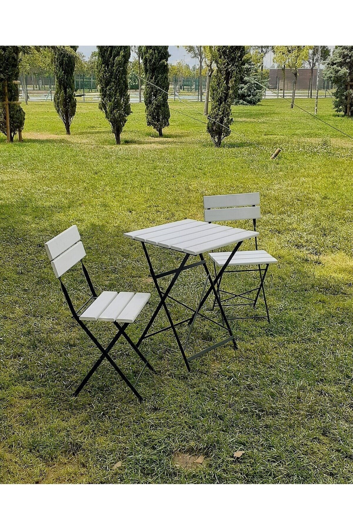 Zemes Design Beyaz Katlanır Masa Sandalye Kamp Bahçe Balkon Mutfak Takımı 2 Sandalye 1 Masa Bistro (Verniklidir)