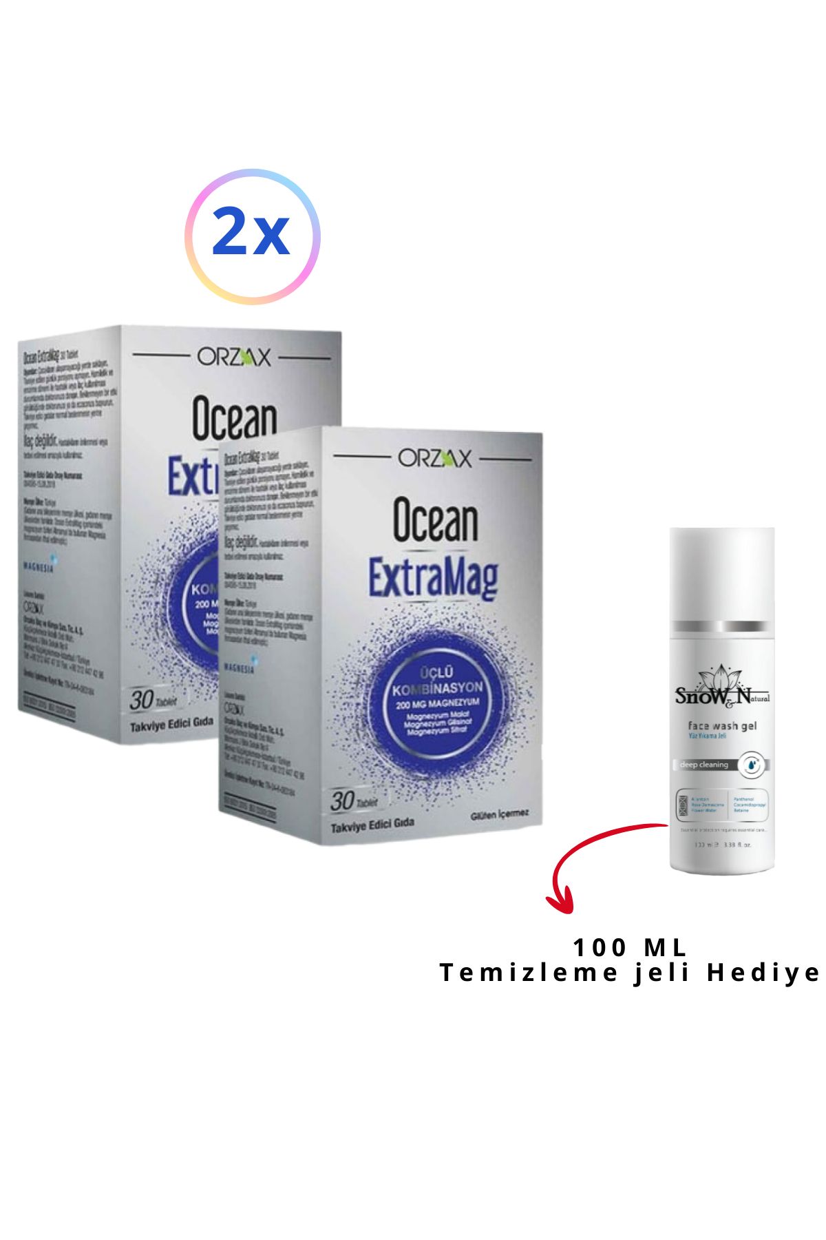 Ocean ExtraMag Üçlü Magnezyum Kombinasyonu 30 Tablet 2 Adet & 1 Adet Yüz Temizleme Jeli 100 ML