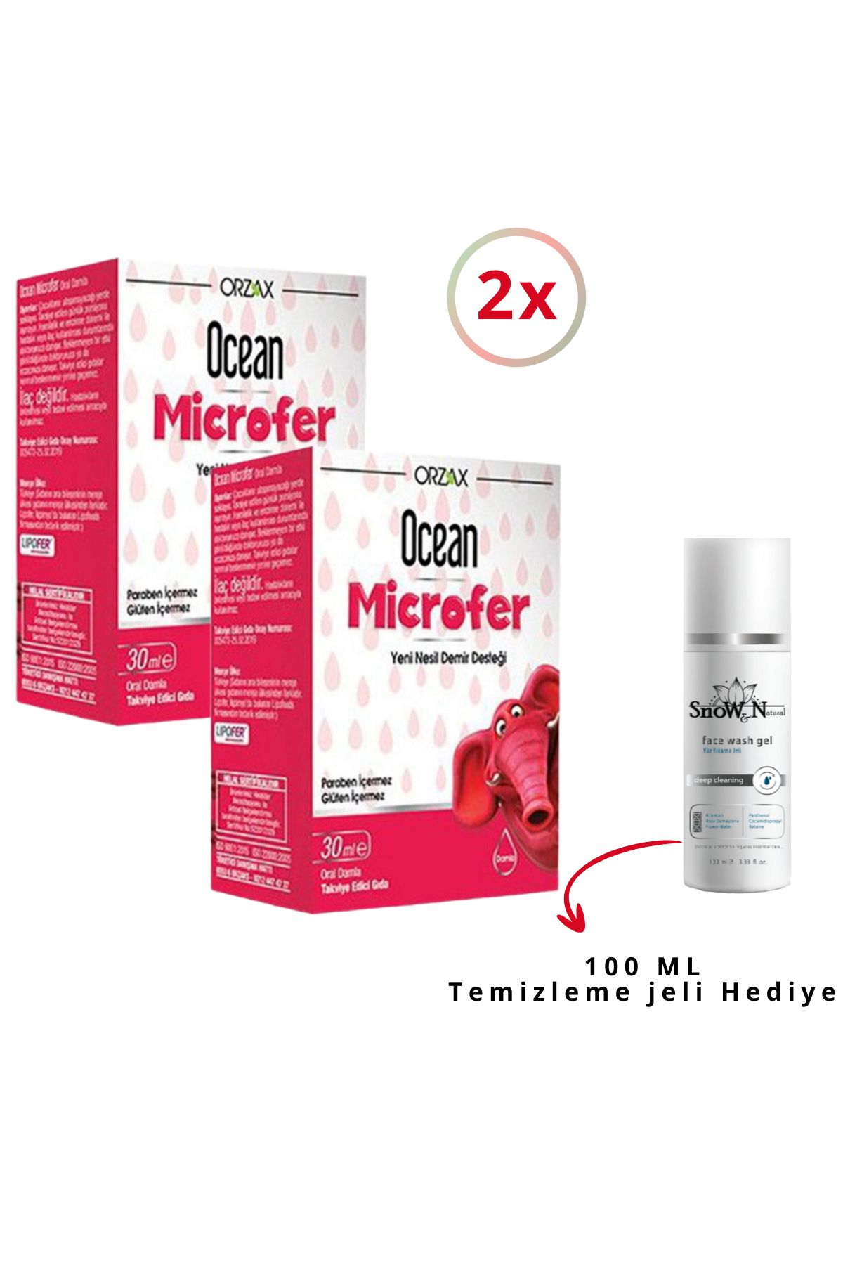 Ocean Microfer Damla 30ml Yeni Nesil Demir Desteği (2ADET)&(1 ADET) 100ML Yüz Temizleme Jeli Hediye set920