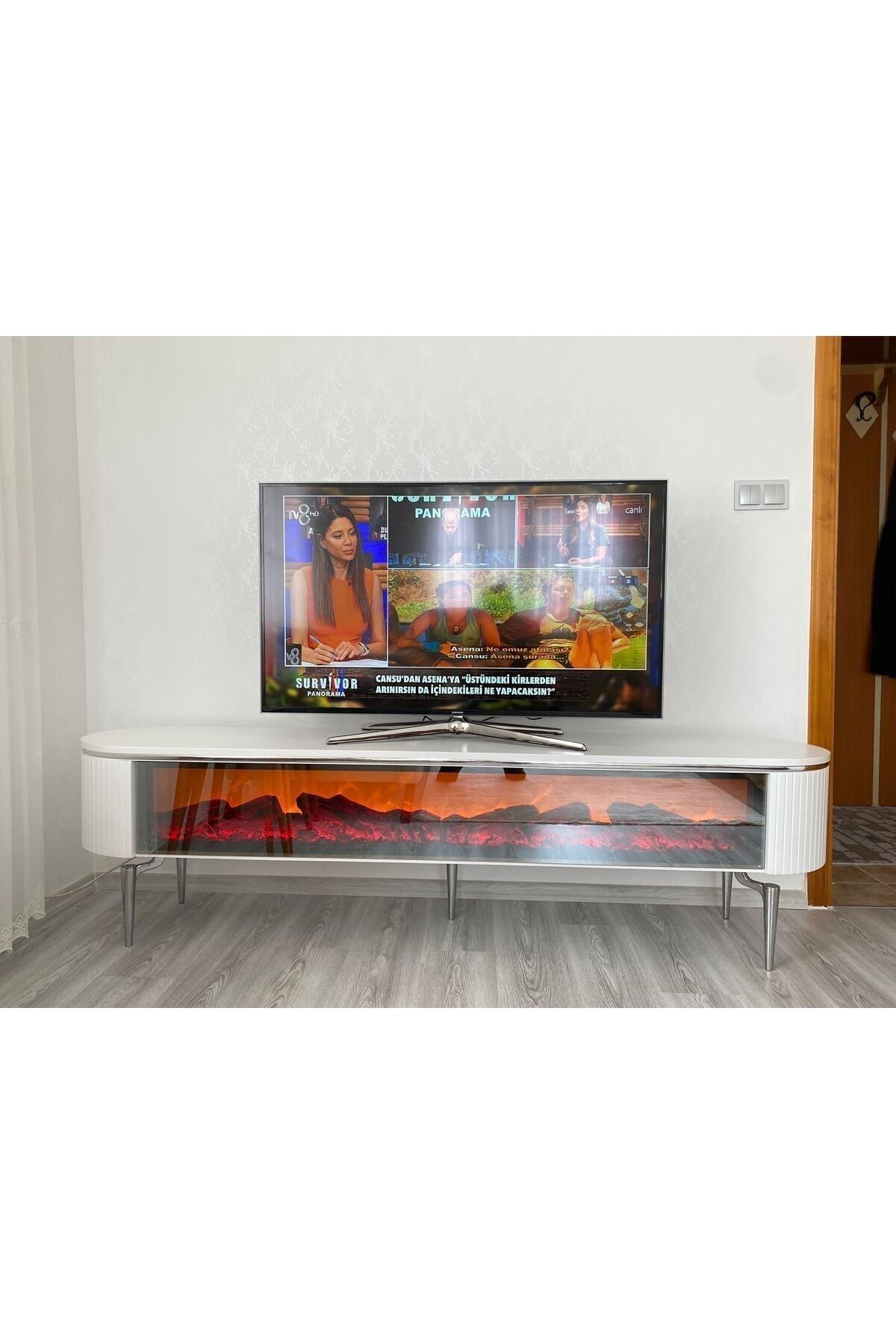 EVNESYA Desing Tv Beyaz Sehpası 170 Cm Full Şömineli