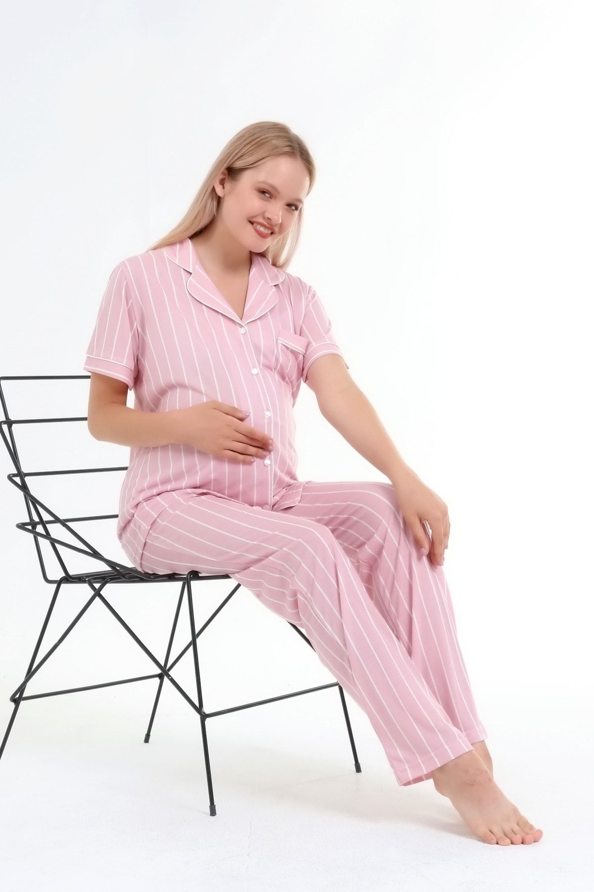 LİKAPA Penye Önden Düğmeli Hamile Lohusa Kısa Kol Pijama Takımı