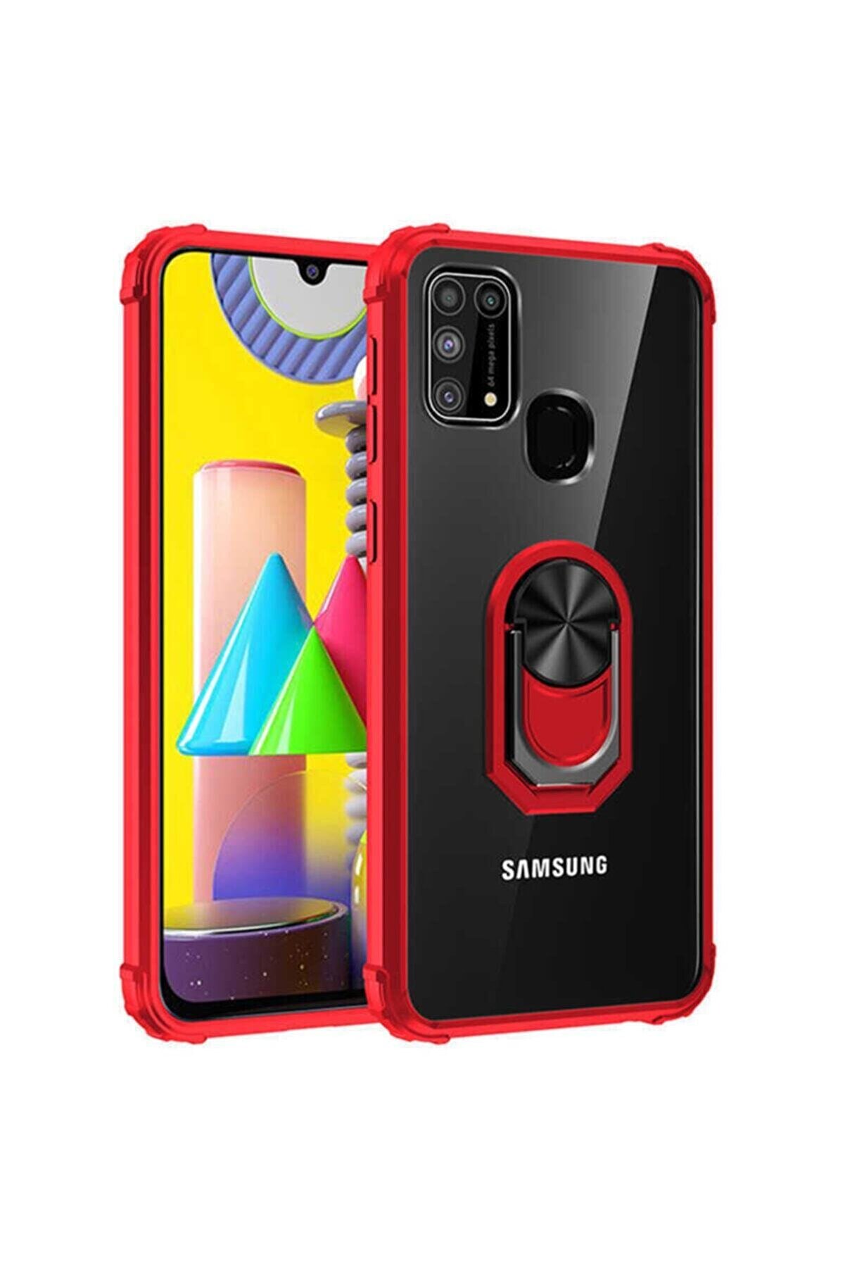 Telefon Aksesuarları Samsung Samsung Galaxy M31 Yüzüklü Köşe Korumalı Darbelere Dayanıklı Standlı Silikon Kılıf Kırmızı