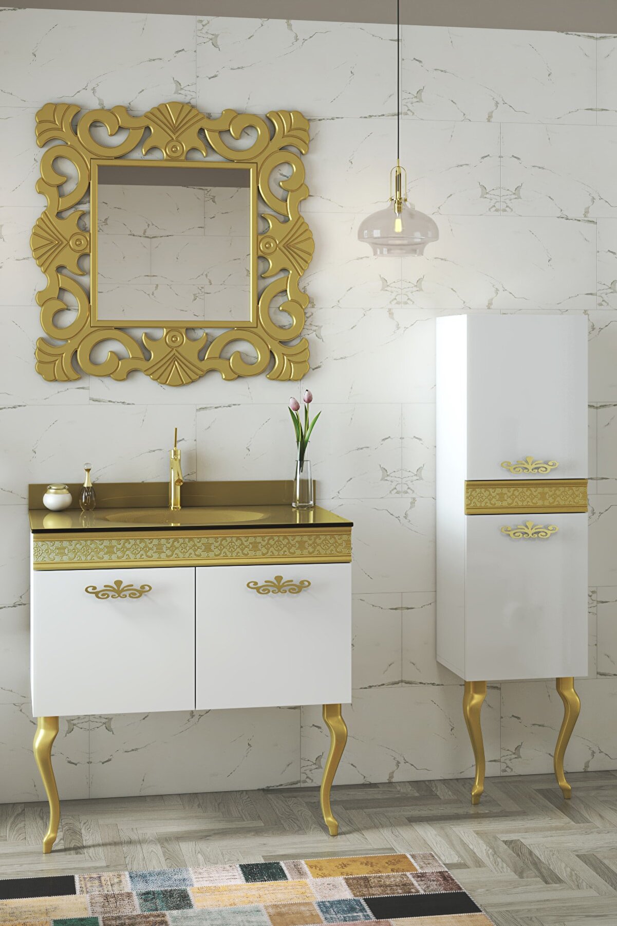 Alfa Banyo Gold Beyaz (80+35) 115 Cm Boy Dolaplı Cam Lavabolu Lüx Banyo Takımı