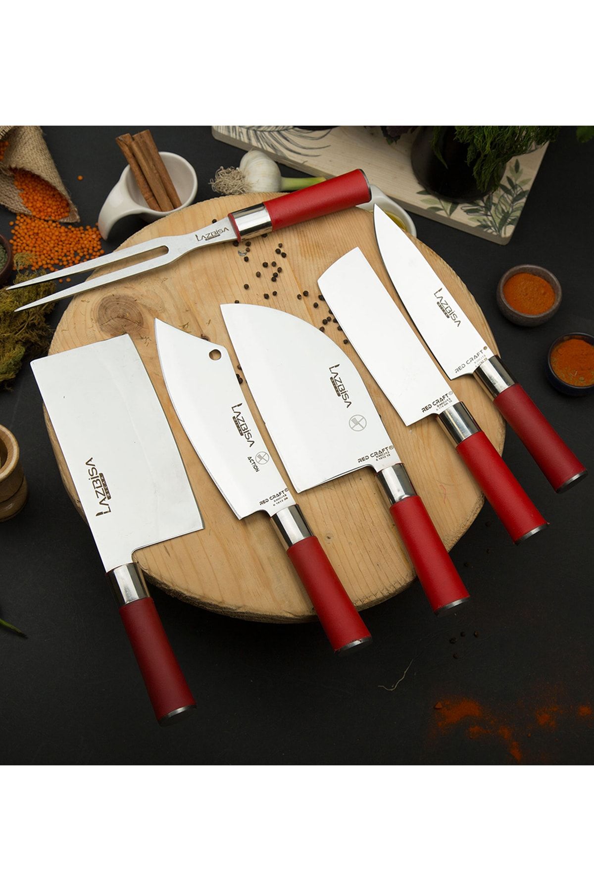 LAZBİSA Mutfak Bıçak Seti Et  Sebze Şef Bıçağı 6 lı Set  Action Almazan Çin Satırı Nakiri Çatal