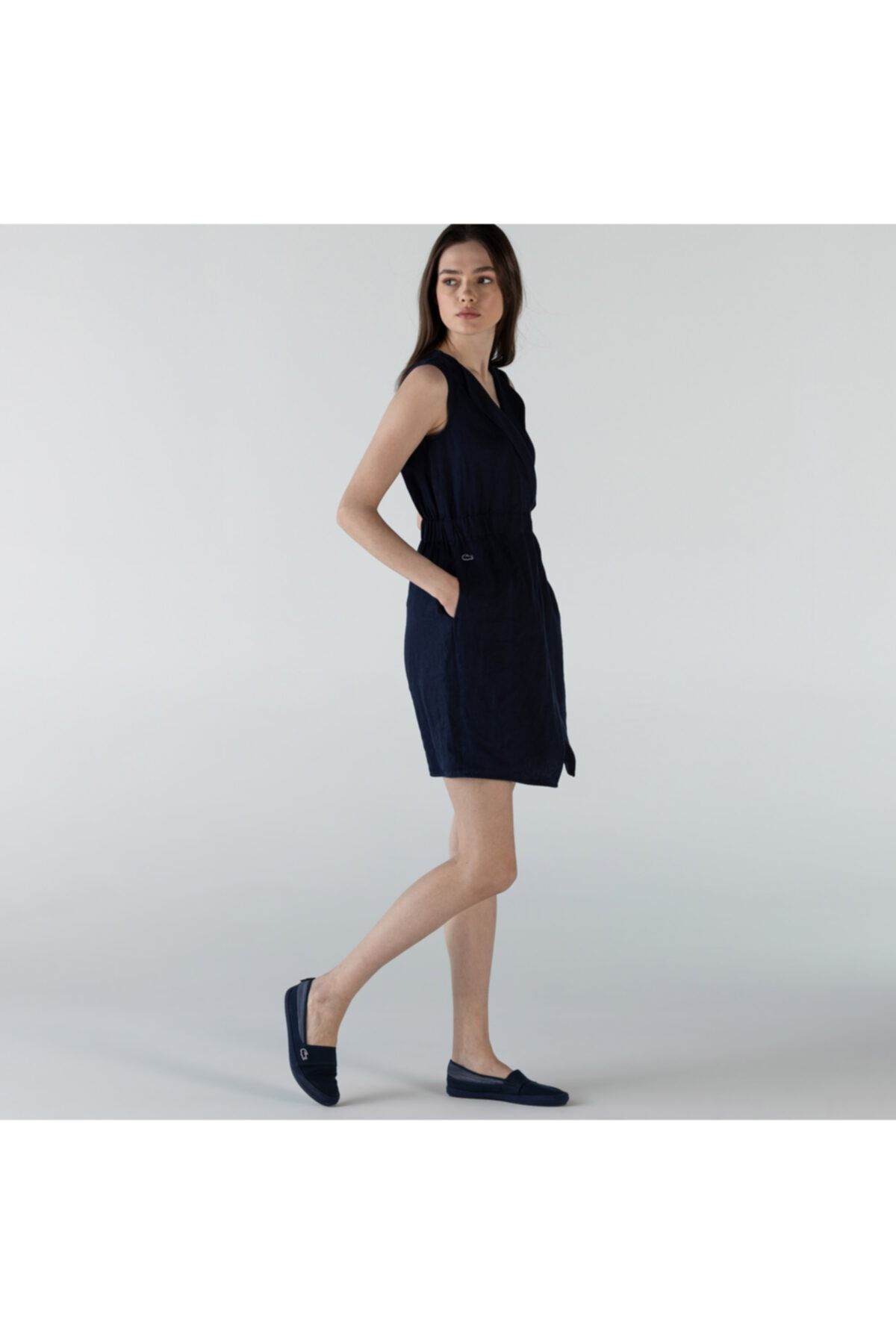 Lacoste Kadın Regular Fit Kolsuz V Yaka Lacivert Elbise EF0011