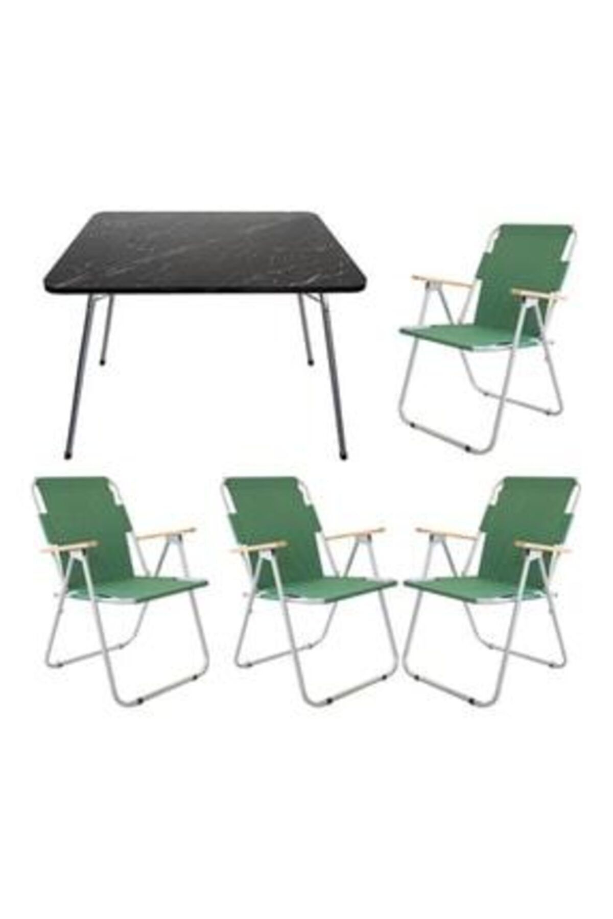 Mocca Style 60x80 Siyah Granit Desenli Katlanır Masa + 4 Adet Yeşil Kamp Sandalyesi Katlanır Sandalye