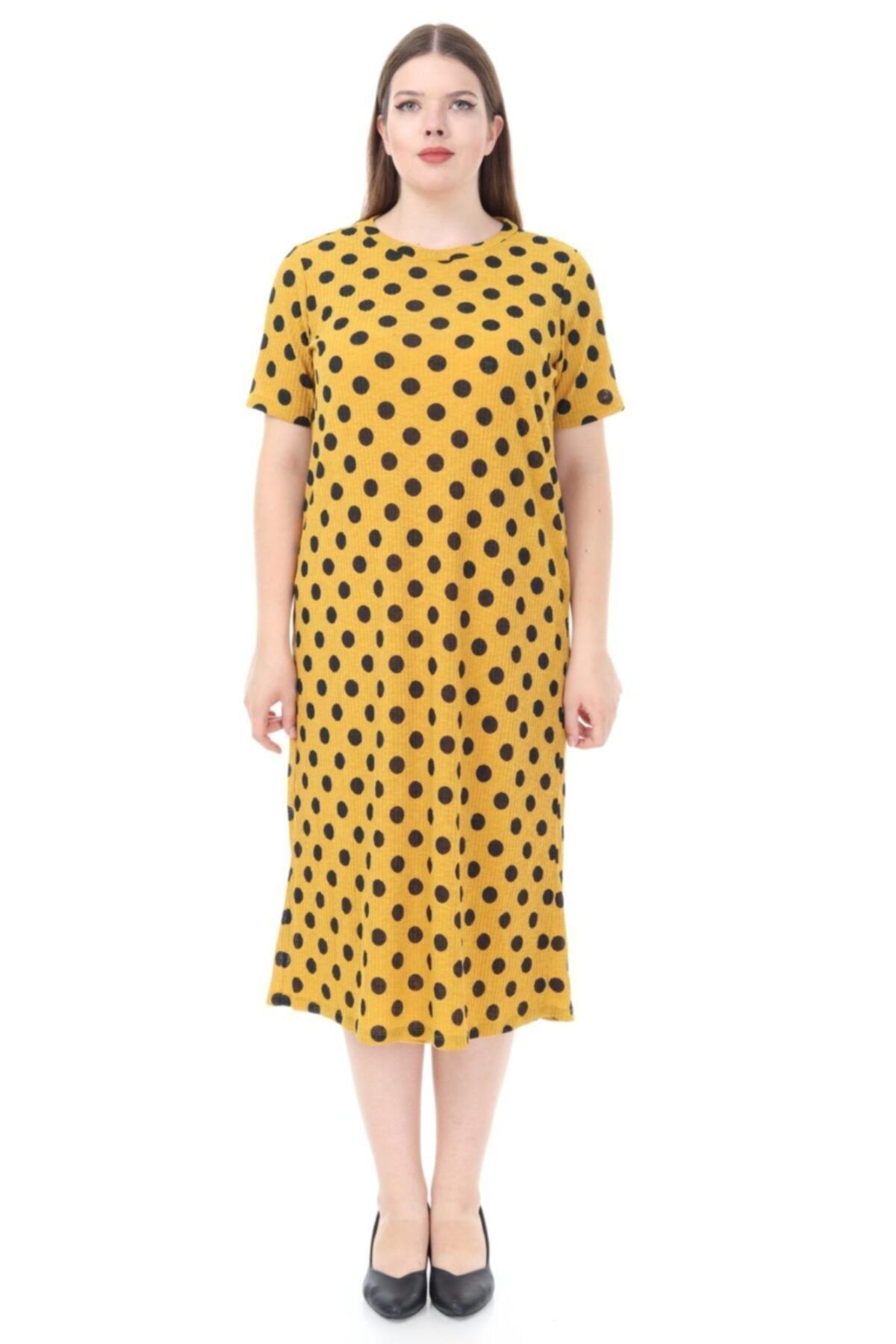Genel Markalar Kadın Sarı Puantiye Desenli Astarlı Büyük Beden Elbise