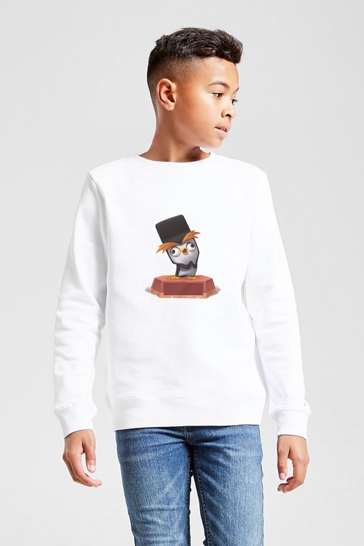 QIVI Unisex Çocuk Beyaz Fuzzy Zooba Battle Royale Baskılı  Sweatshirt