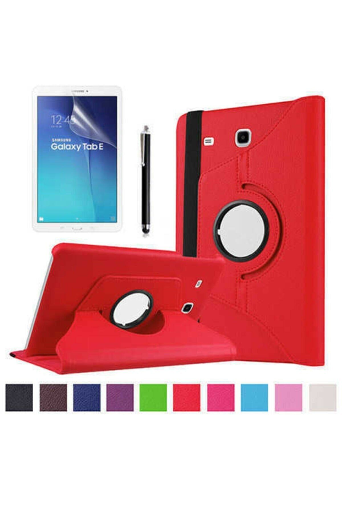 GoGoPlus Samsung Galaxy Tab E 9.6'' T560 Kılıf+kırılmaz Cam Kalem Hediyeli 360 Dönerli Tablet Kılıfı Kırmızı