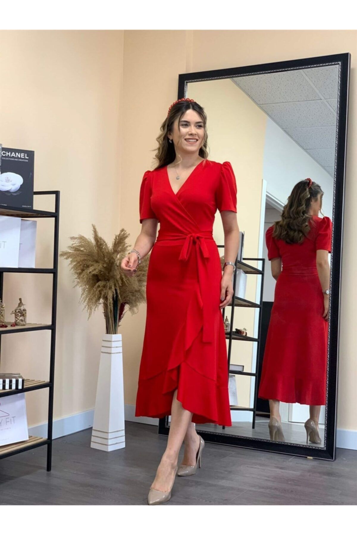 giyimmasalı Crep Kumaş Midi Elbise Kırmızı