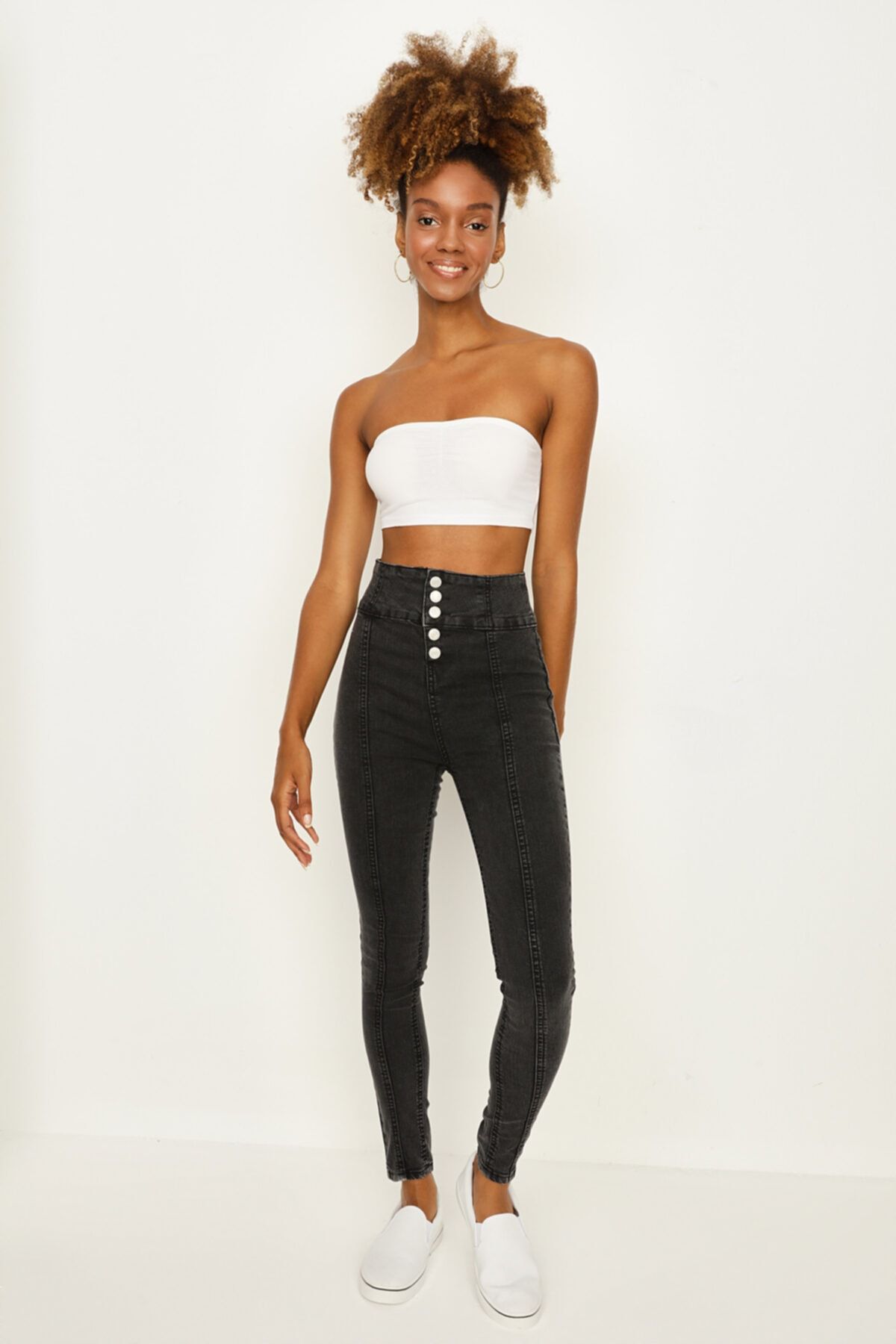 Select Moda Kadın Siyah Önden Düğmeli Yüksek Bel Skinny Jeans