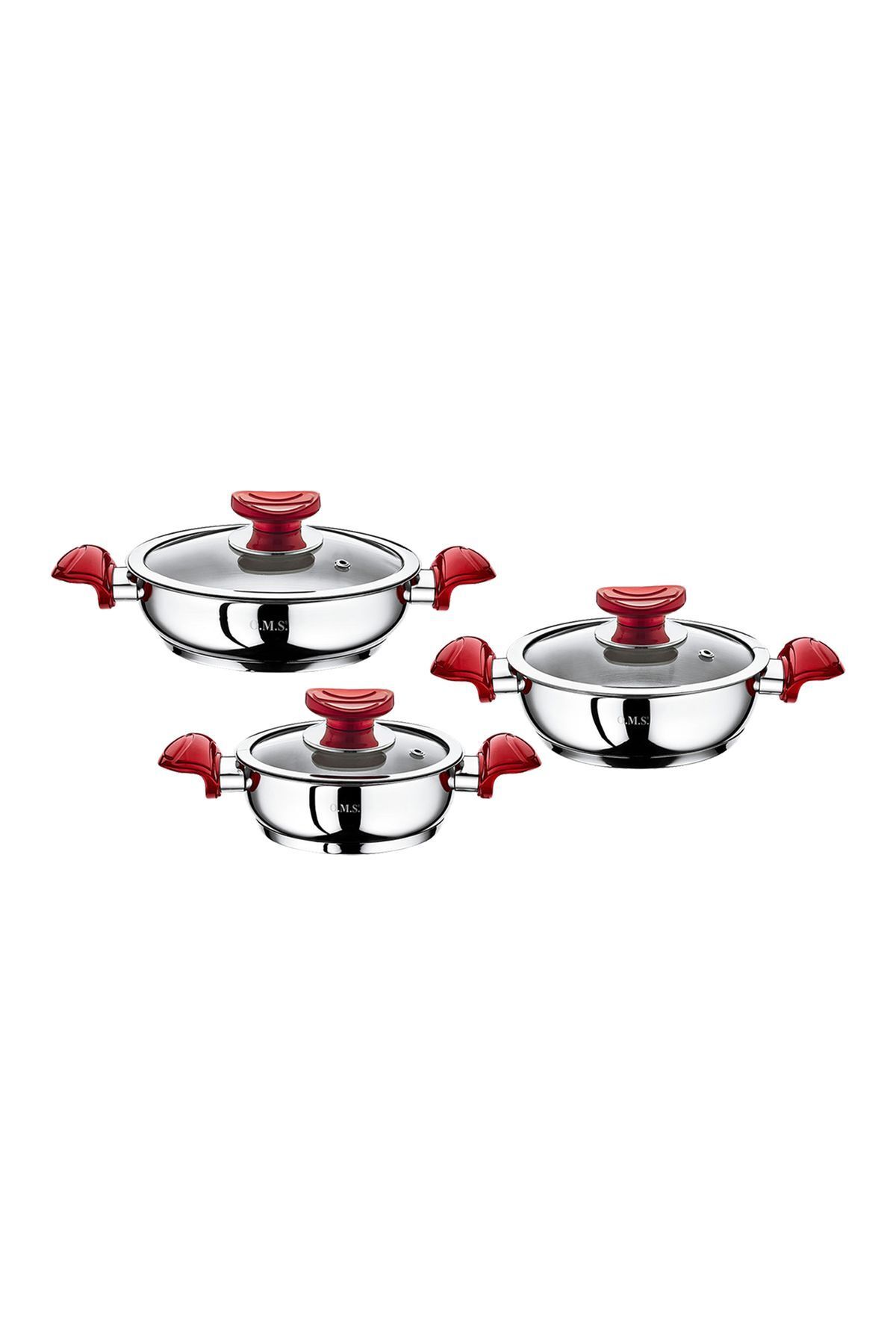 Oms 1034 - 6 Parça, Paslanmaz Çelik, İndüksiyonlu, ( 16-18-20 Cm ) Sahan Seti Gümüş Gövde, Kırmızı Detay