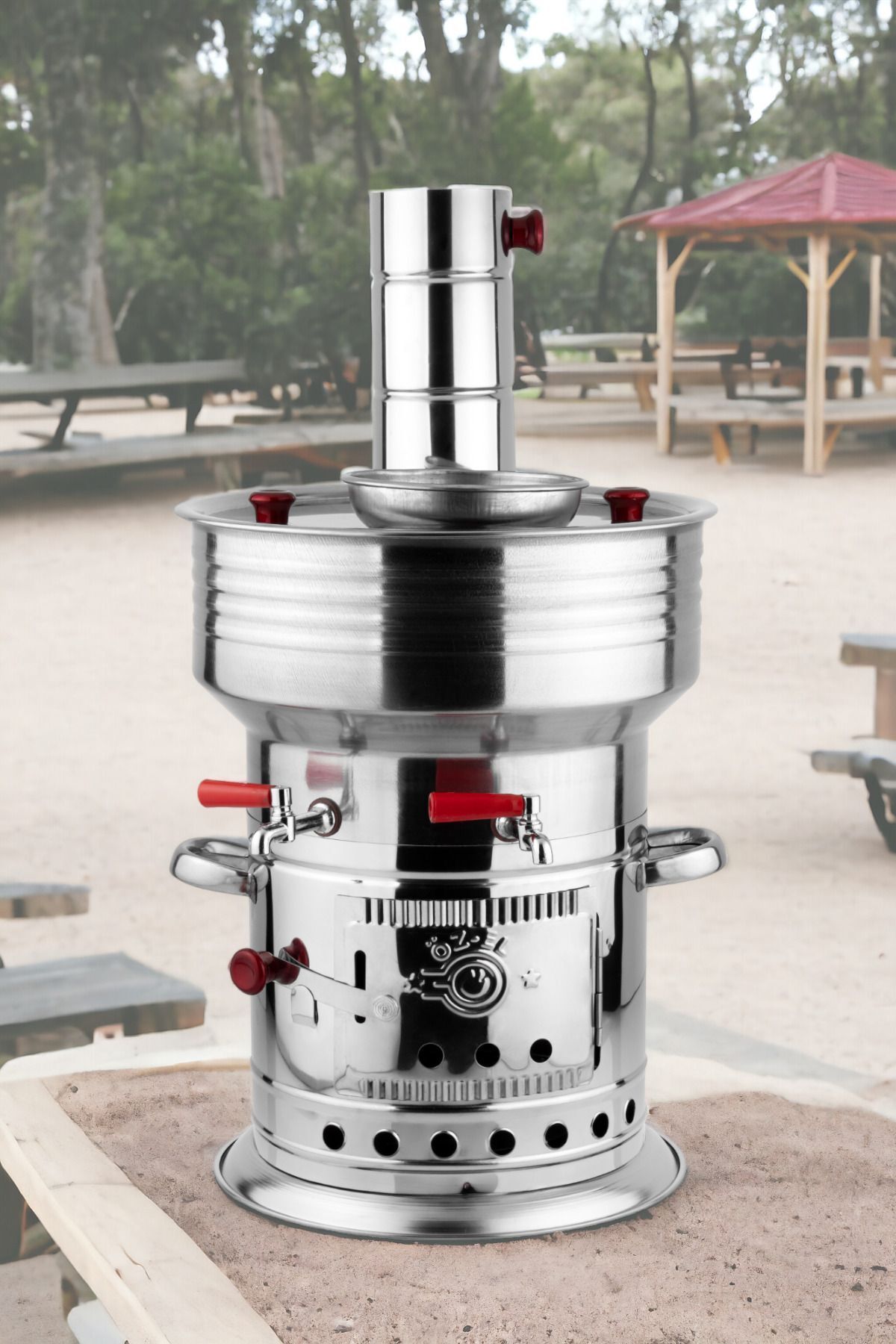 PİGET 7 Litre Paslanmaz Metal Odunlu Kömürlü Çay Semaveri Odunlu Kömürlü Semaver Çift Musluklu Semaver