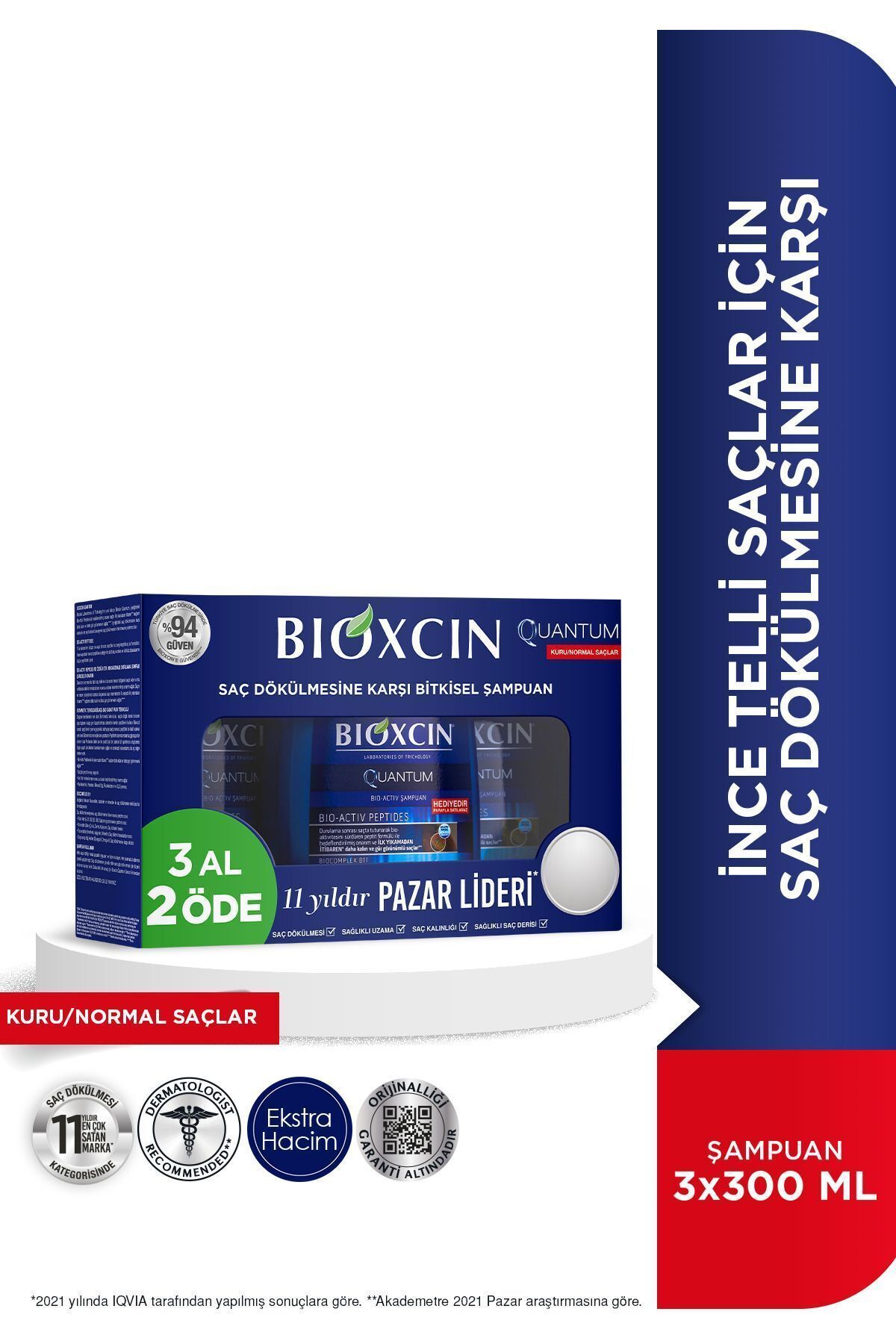 Bioxcin Quantum 3 Al 2 Öde Şampuan 3x300 Ml - Kuru ve Normal, İnce Telli Saçlar