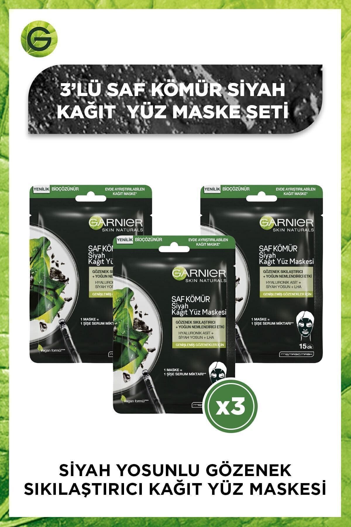 Garnier Siyah Yosunlu Gözenek Sıkılaştırıcı Kağıt Yüz Maskesi 3'lü Set 36005420971782