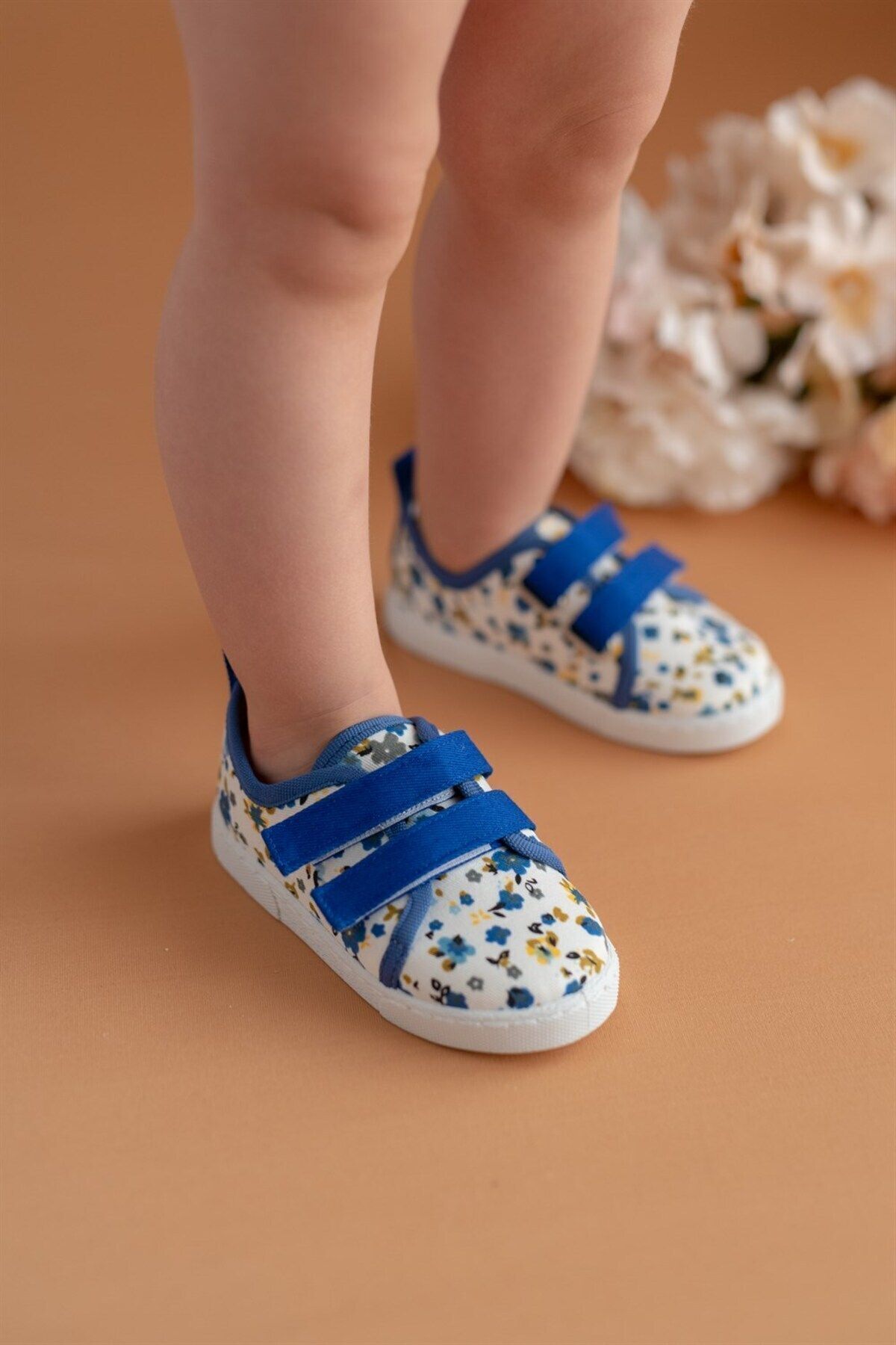 First Step Çiçek Desenli Çift Cırtlı Keten Spor Çocuk Ayakkabısı-saks-f-498