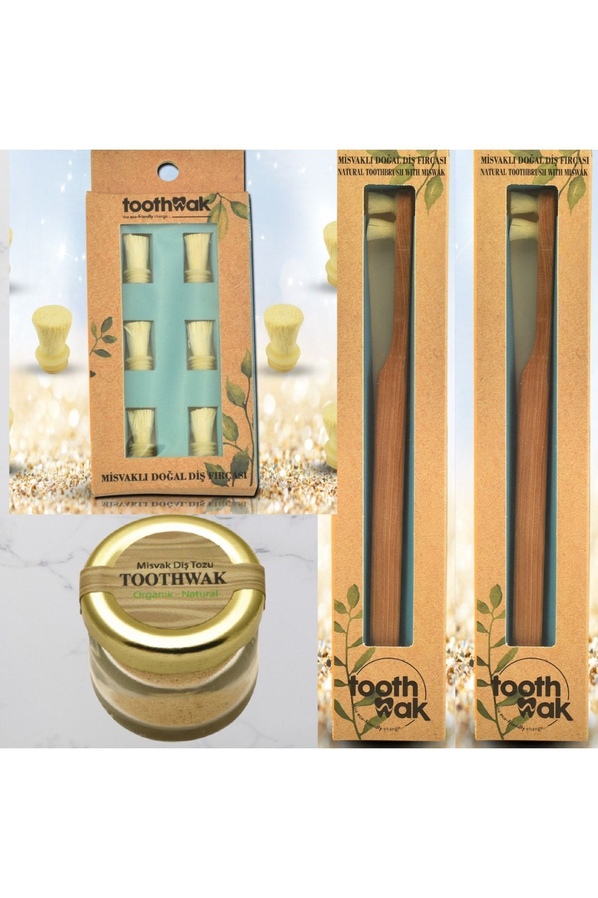 Toothwak 2 Adet Doğal Misvak Başlı Fırça + Toz + Yedek Başlık