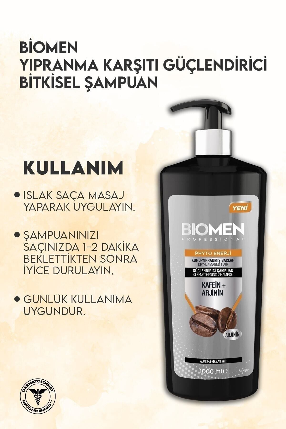 Biomen Kuru ve Yıpranmış Saçlar İçin Kafein ve Arjinin İçeren Doğal Güçlendirici Şampuan