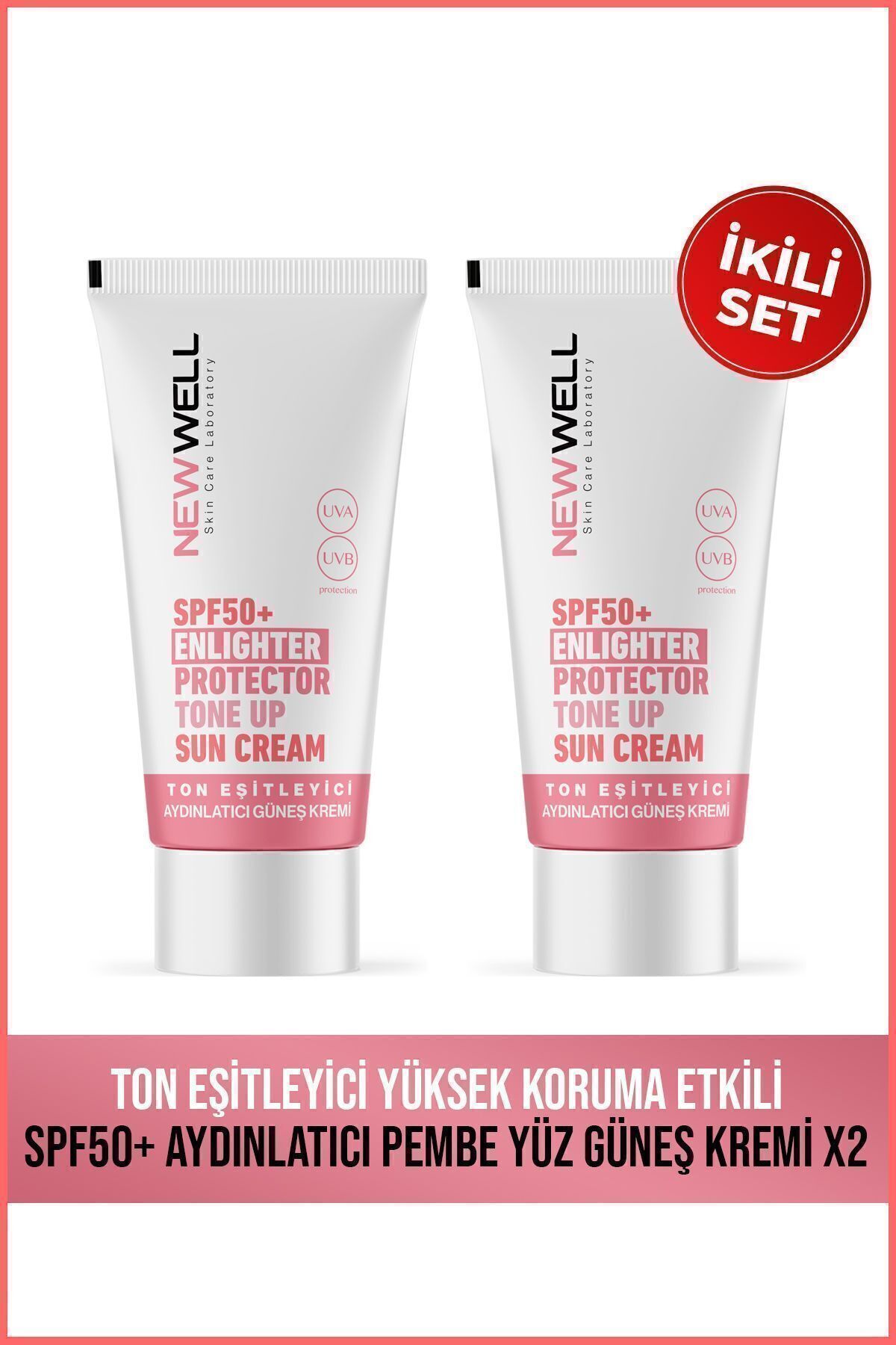 New Well 2 Adet Ton Eşitleyici Yüksek Koruma Etkili Spf50+ Aydınlatıcı Pembe Yüz Güneş Kremi 50 ML