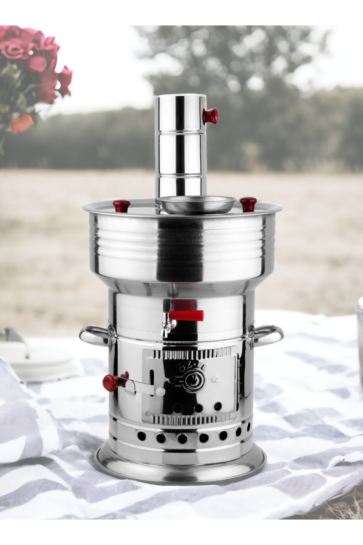 PİGET 7 Litre Paslanmaz Metal Odunlu Kömürlü Çay Semaveri Odunlu Kömürlü Semaver Tek Musluklu Semaver
