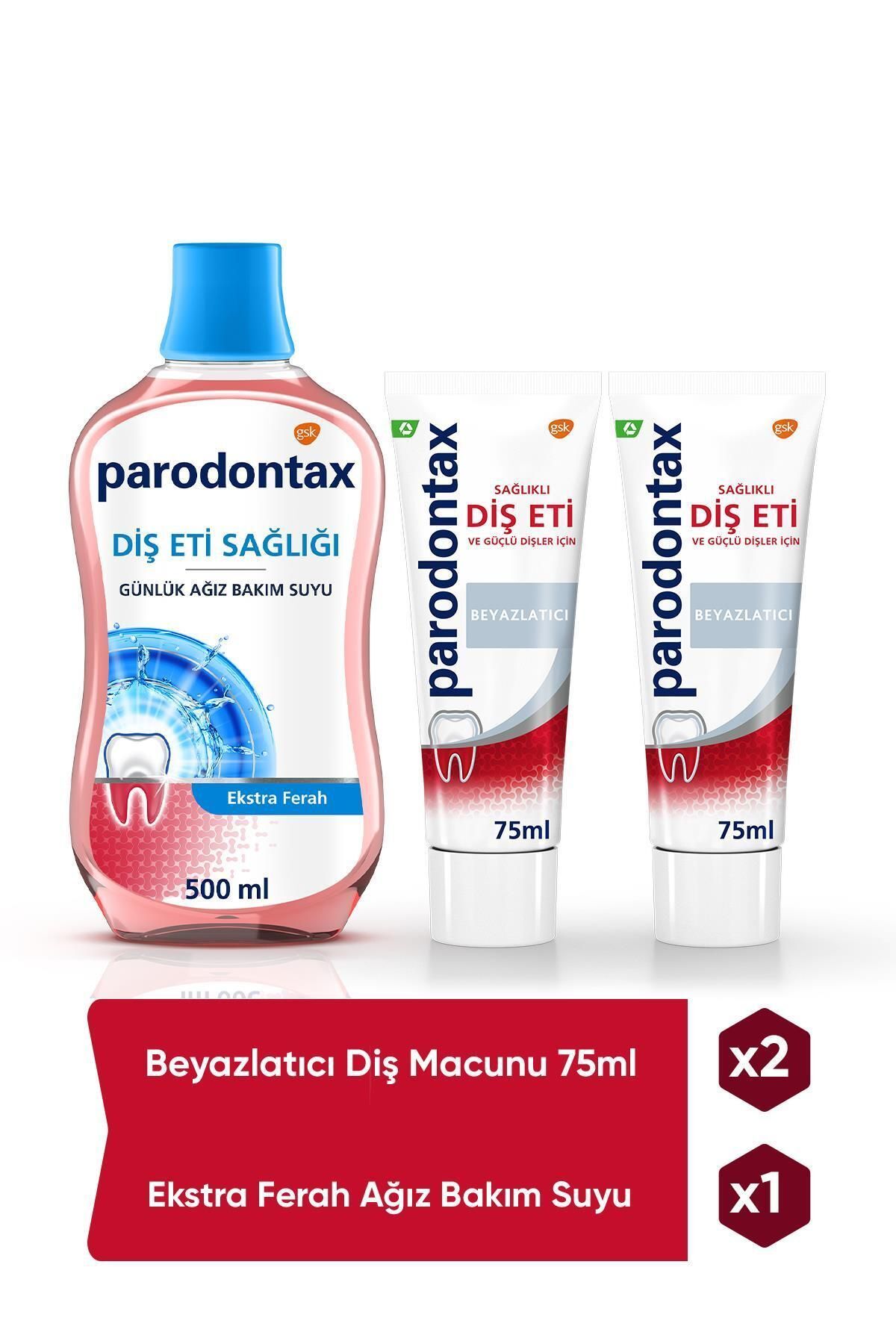 Parodontax Beyazlatıcı Diş Macunu 75 Ml X 2 + Ekstra Ferah Ağız Bakım Suyu