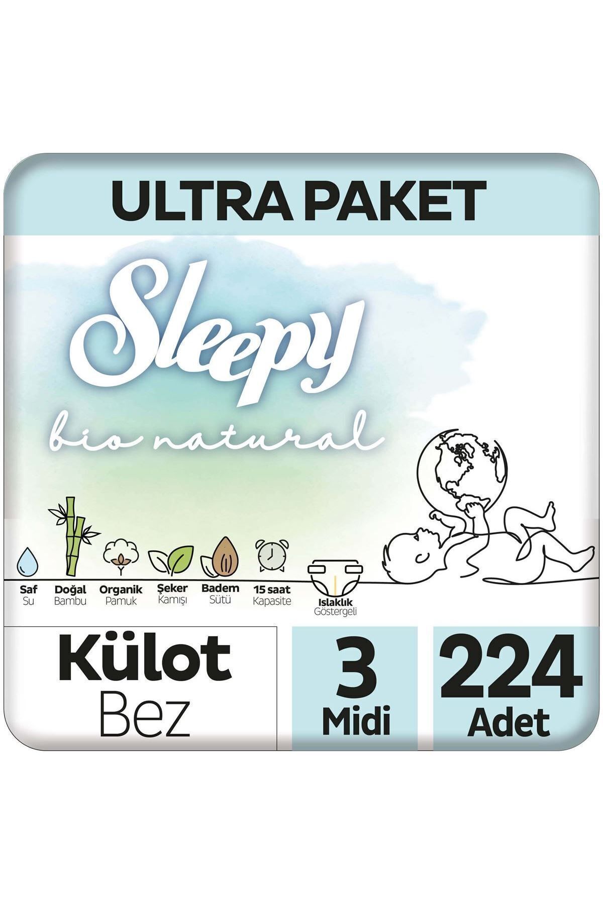 Sleepy Bio Natural Ultra Paket Külot Bez 3 Numara Midi 224 Adet