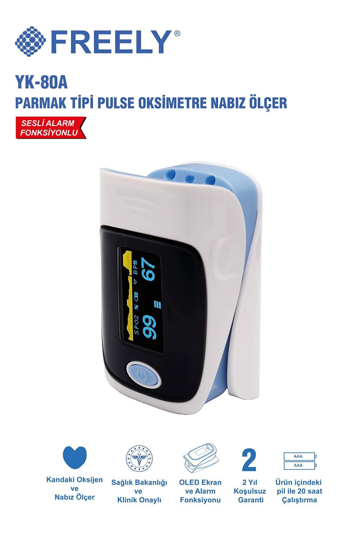 Freely Parmak Tipi Pulse Oksimetre Oksijen Ve Nabız Ölçer / Klinik Onaylı