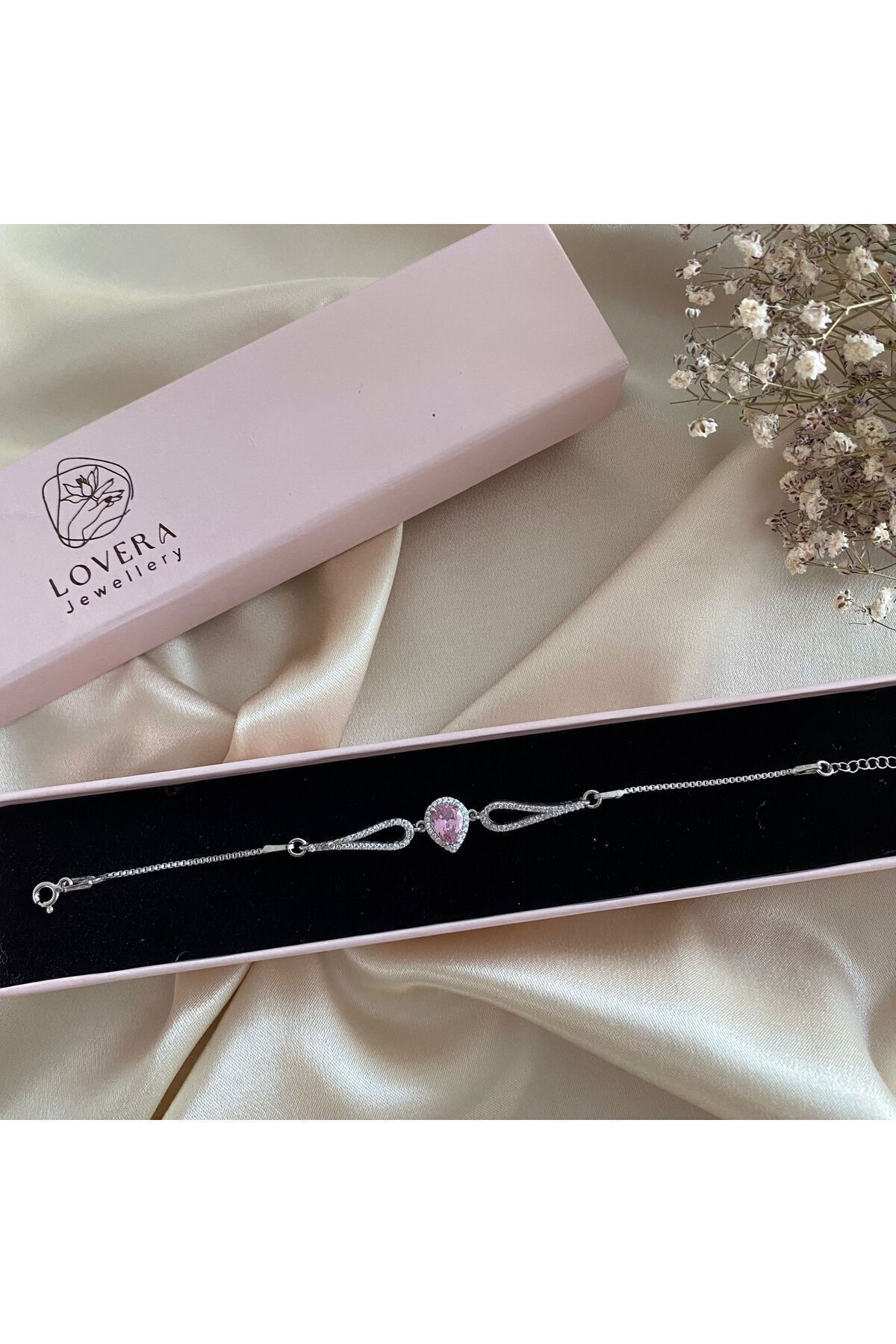 Lovera Jewellery 925 Ayar Gümüş Pembe Taşlı Damla Bileklik | Özel Gün Doğum Günü Hediyesi
