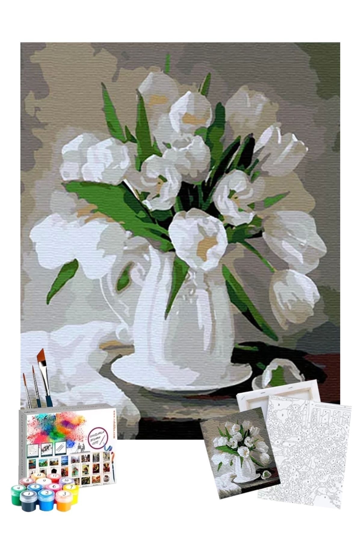 Tabdiko Sayılarla Boyama Seti 40 X 50 Cm Tuval Şasesine Gerili Beyaz Çiçekler
