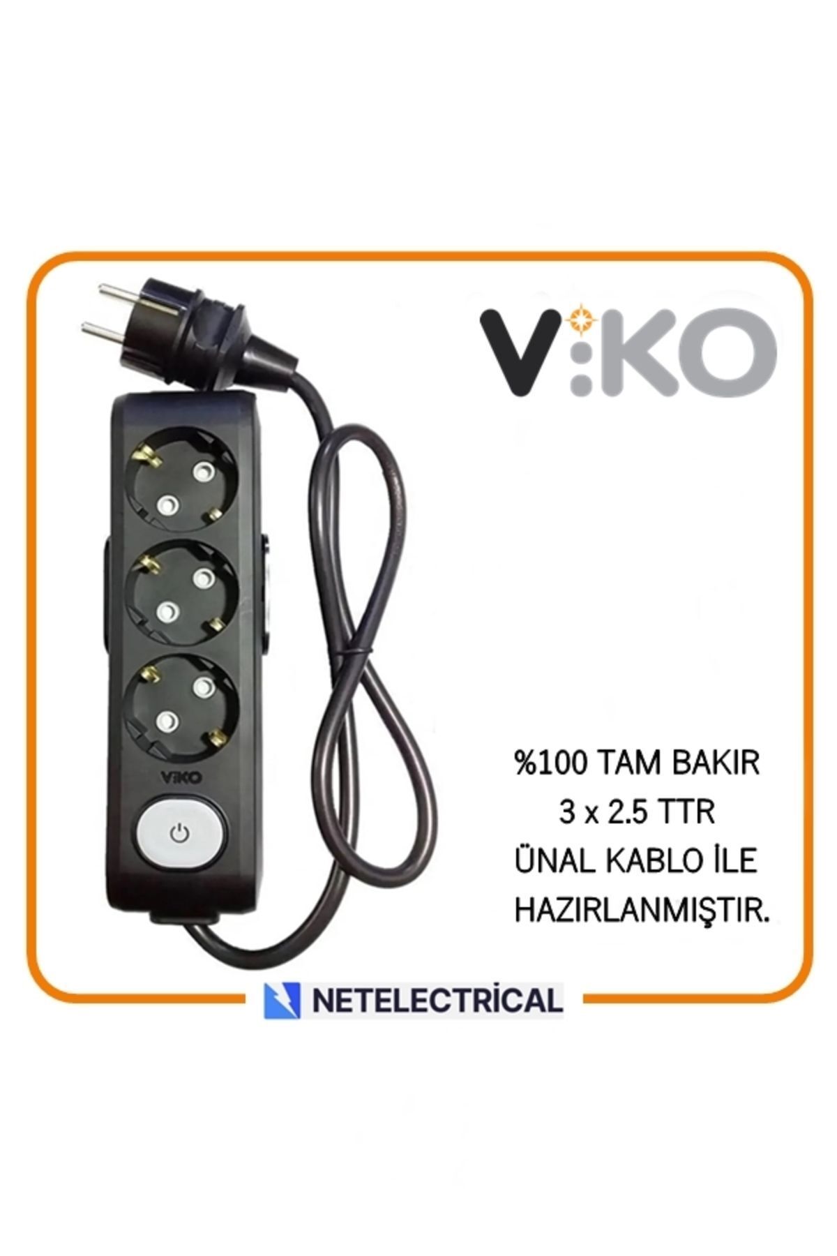 VİKO Multi-let Siyah 3'lü 1 Metre Anahtarlı Topraklı Ç.K (3x2.5 TTR TAM BAKIR KALIN KABLOLU) Grup Priz