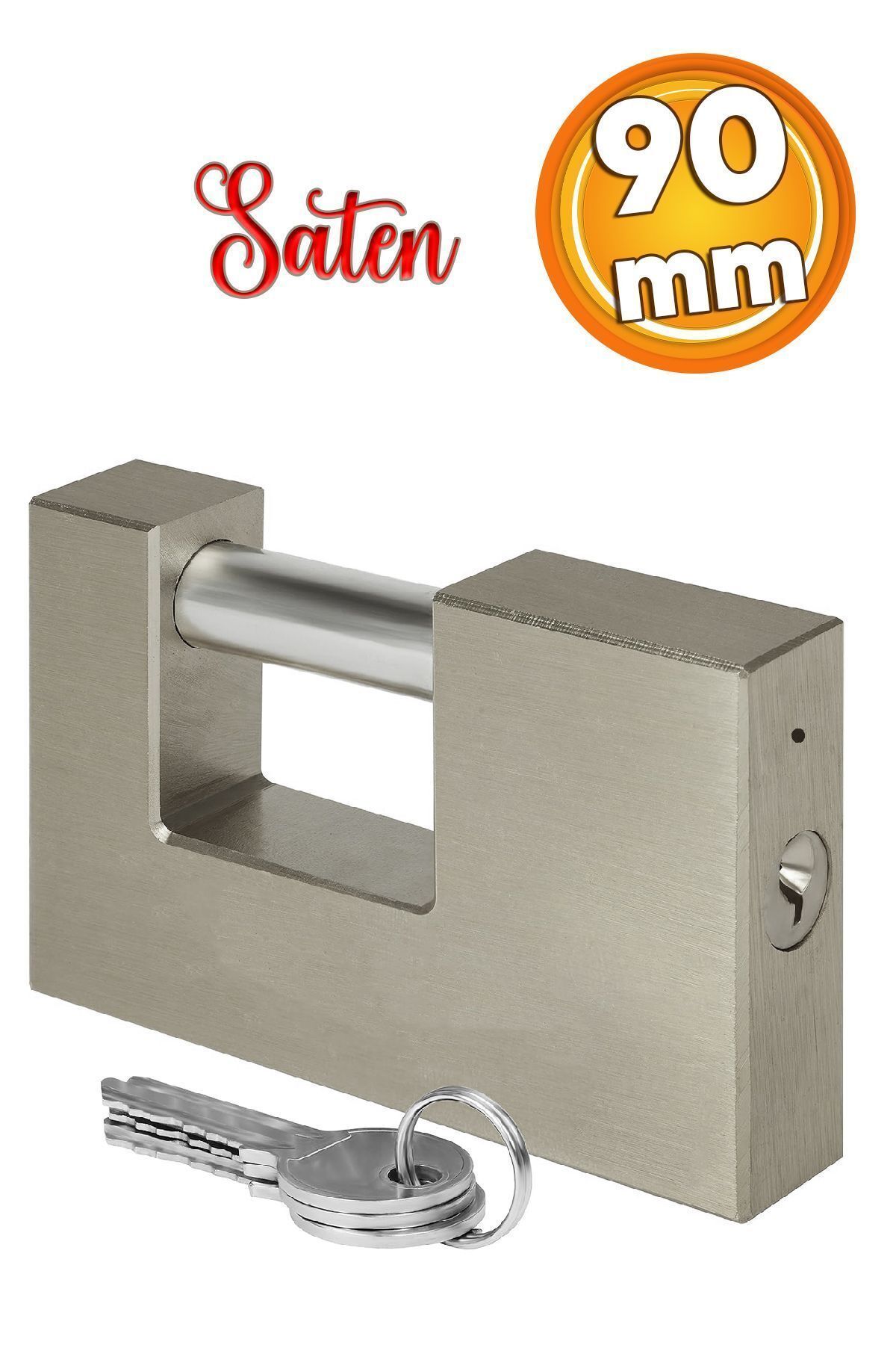 Badem10 Kepenk İşyeri Kapısı Kilidi Yassı Kayar Milli Saten Asma Kilit Kapı Emniyet 90 mm 3 Anahtarlı Metal