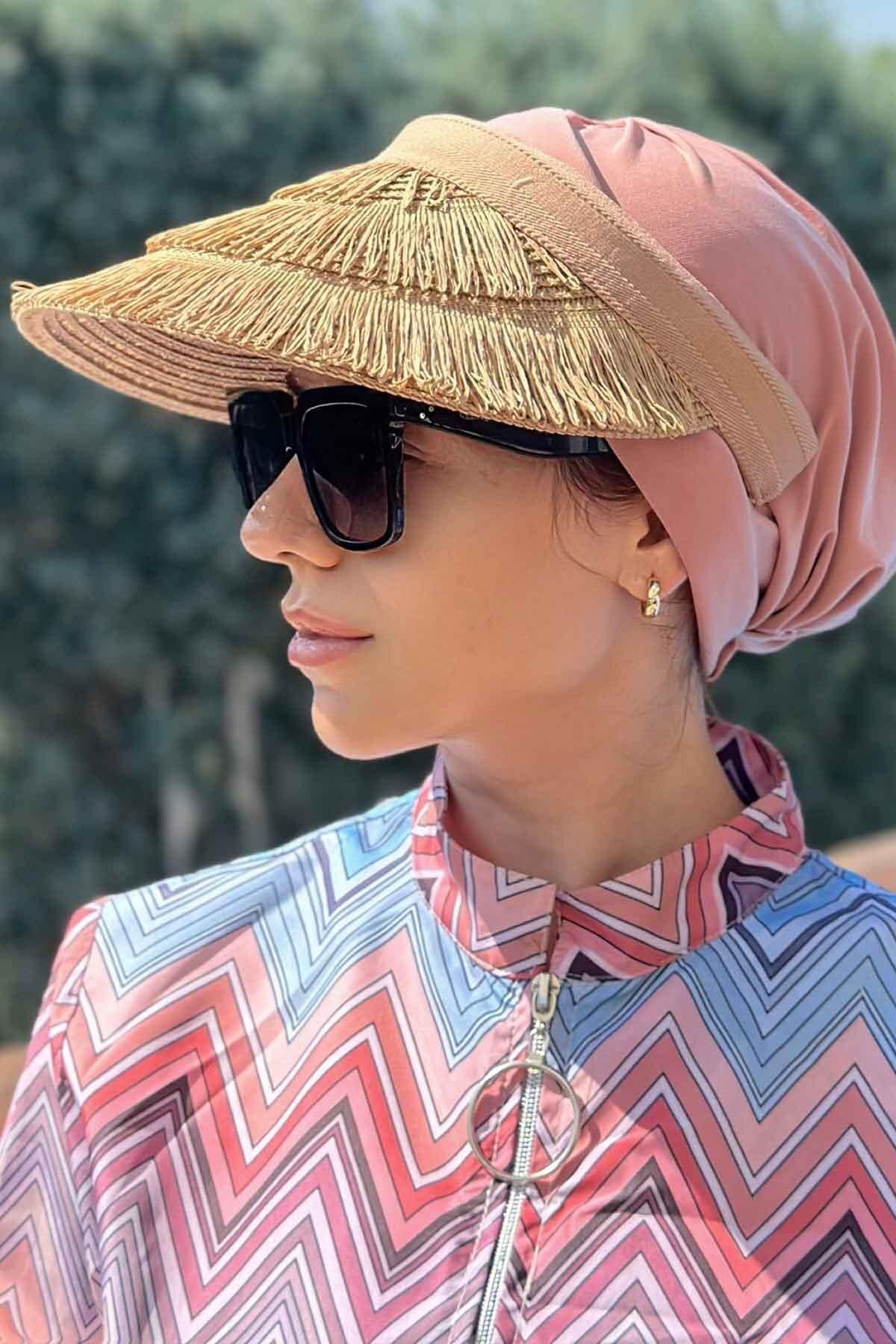 Ka Hijab Saçaklı Hasır Vizor Şapka - Camel