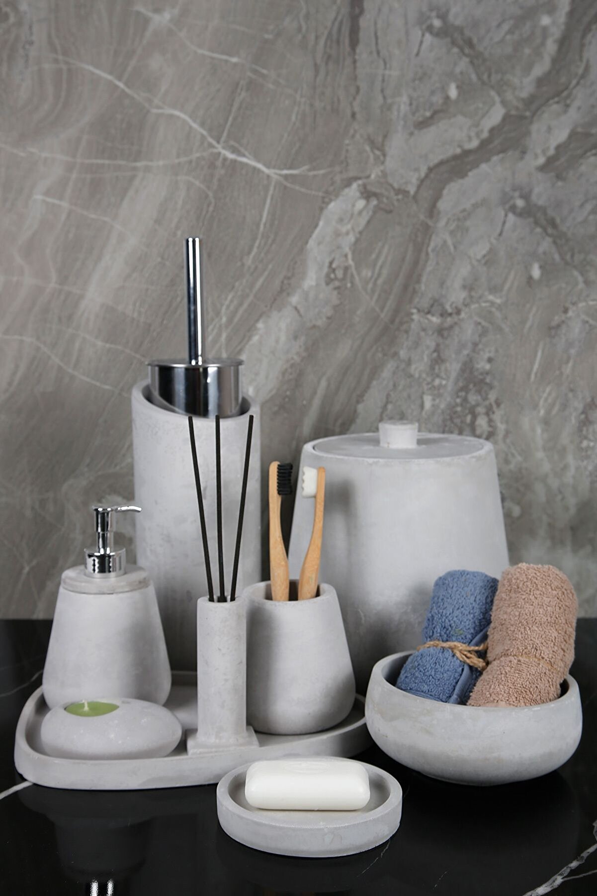 Betonmall 11 Parça Mermer Desenli Beton Banyo Seti - Pratik ve Stylish