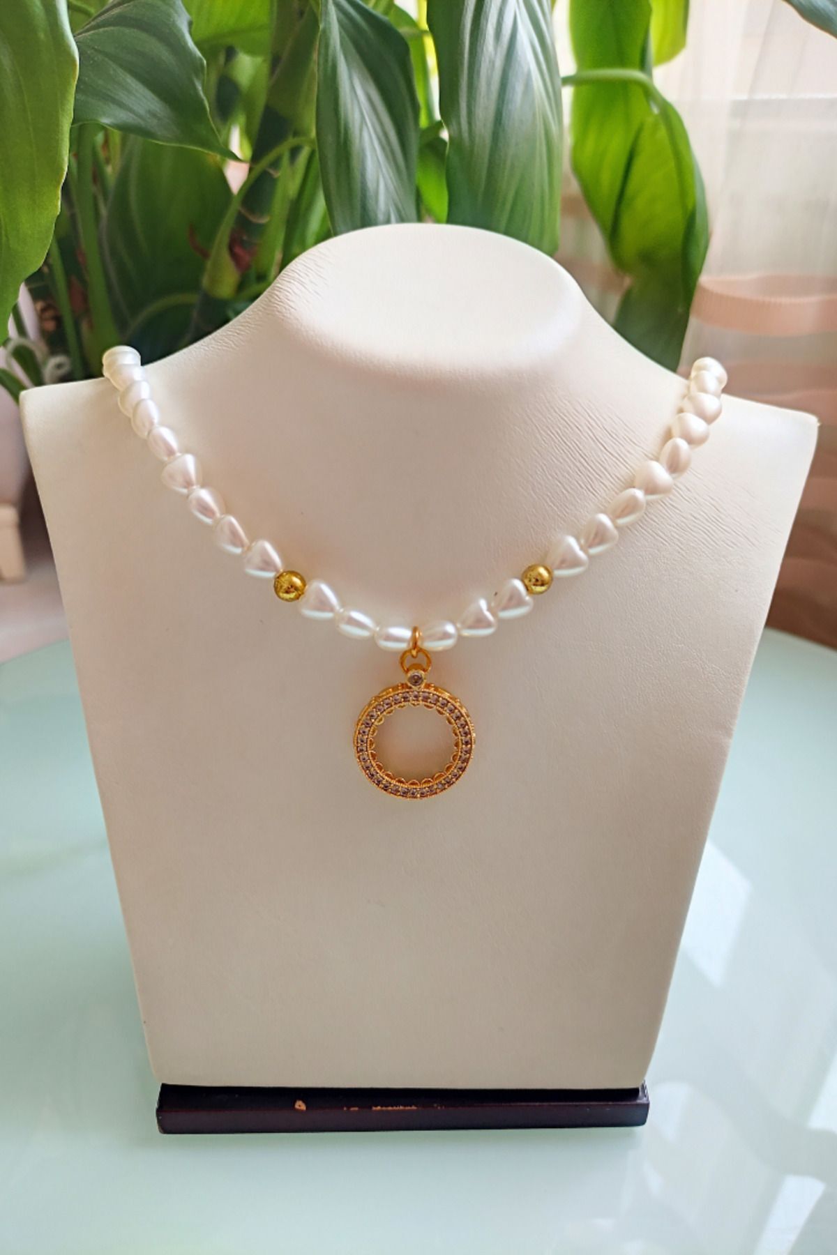TwinsCollection Çeyrekli Altın Uyumlu 8mm Kalpli Inci Kolye