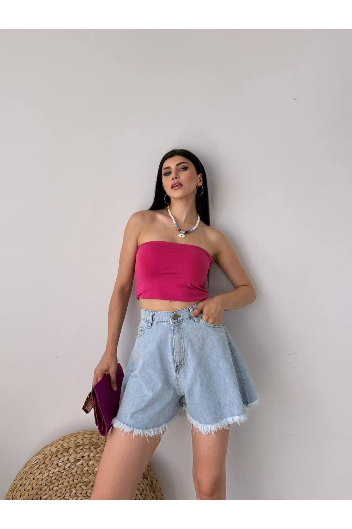 scatola di moda Geniş Paça Püsküllü Denim Şort Kot Şort