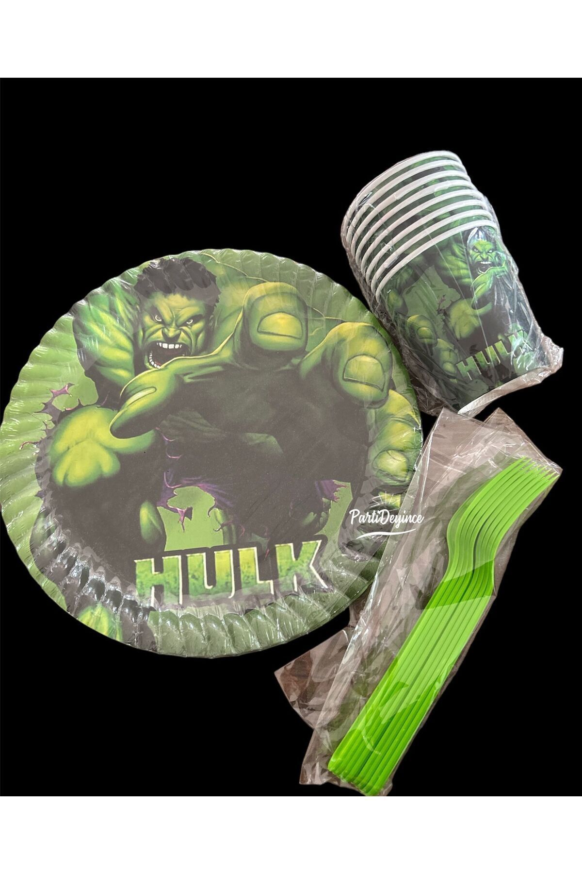 partideyince Hulk Tabak Bardak Çatal Seti 8 Kişilik Yeşil Dev Adam 8 Kişilik