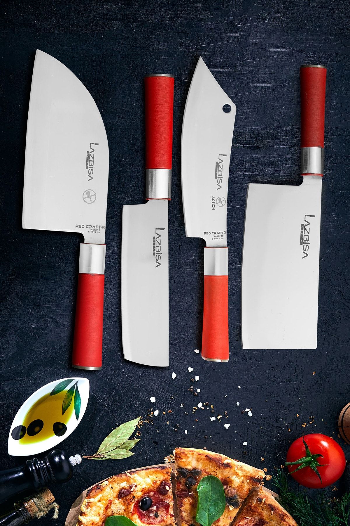 LAZBİSA Mutfak Bıçak Seti Et Sebze Şef Bıçağı 4lü RedCraft Serisi Action Almazan Çin Satırı Nakiri