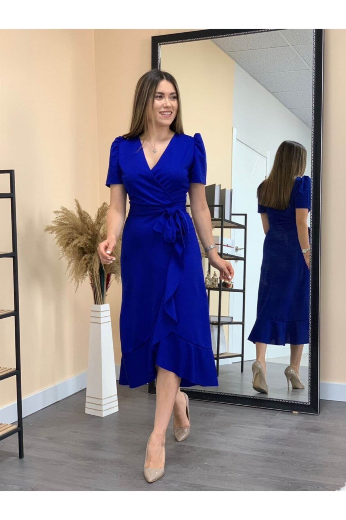 giyimmasalı Crep Kumaş Midi Elbise - Saks Mavisi