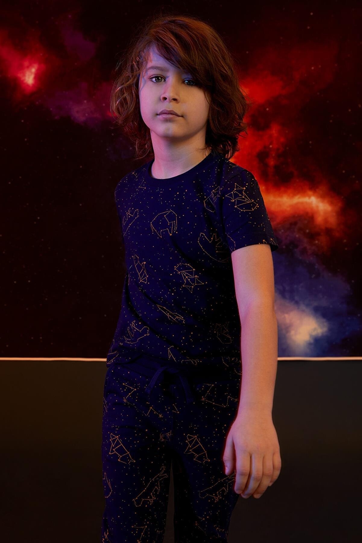 Defacto Erkek Çocuk Lacivert Galaksi Desenli Kısa Kol Tişört